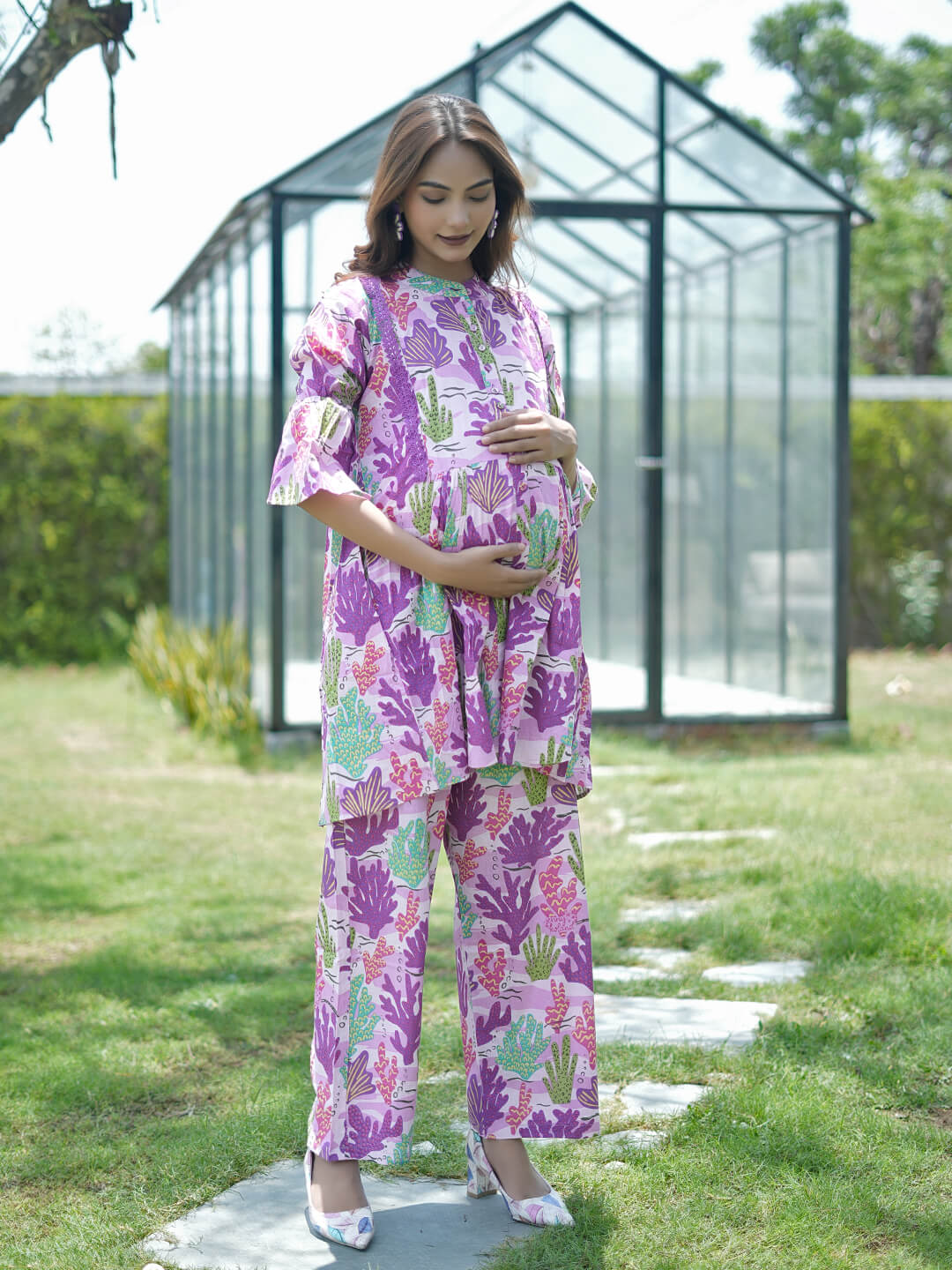Lavender Purple Tropical Printed Maternity & Feeding Friendly Cotton Co-ord Set