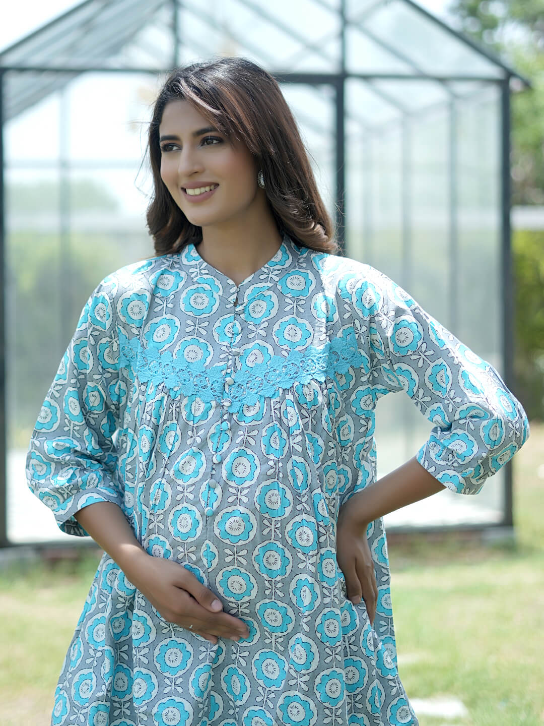 Grey Blue Floral Printed Maternity & Feeding Friendly Cotton Co-ord Set