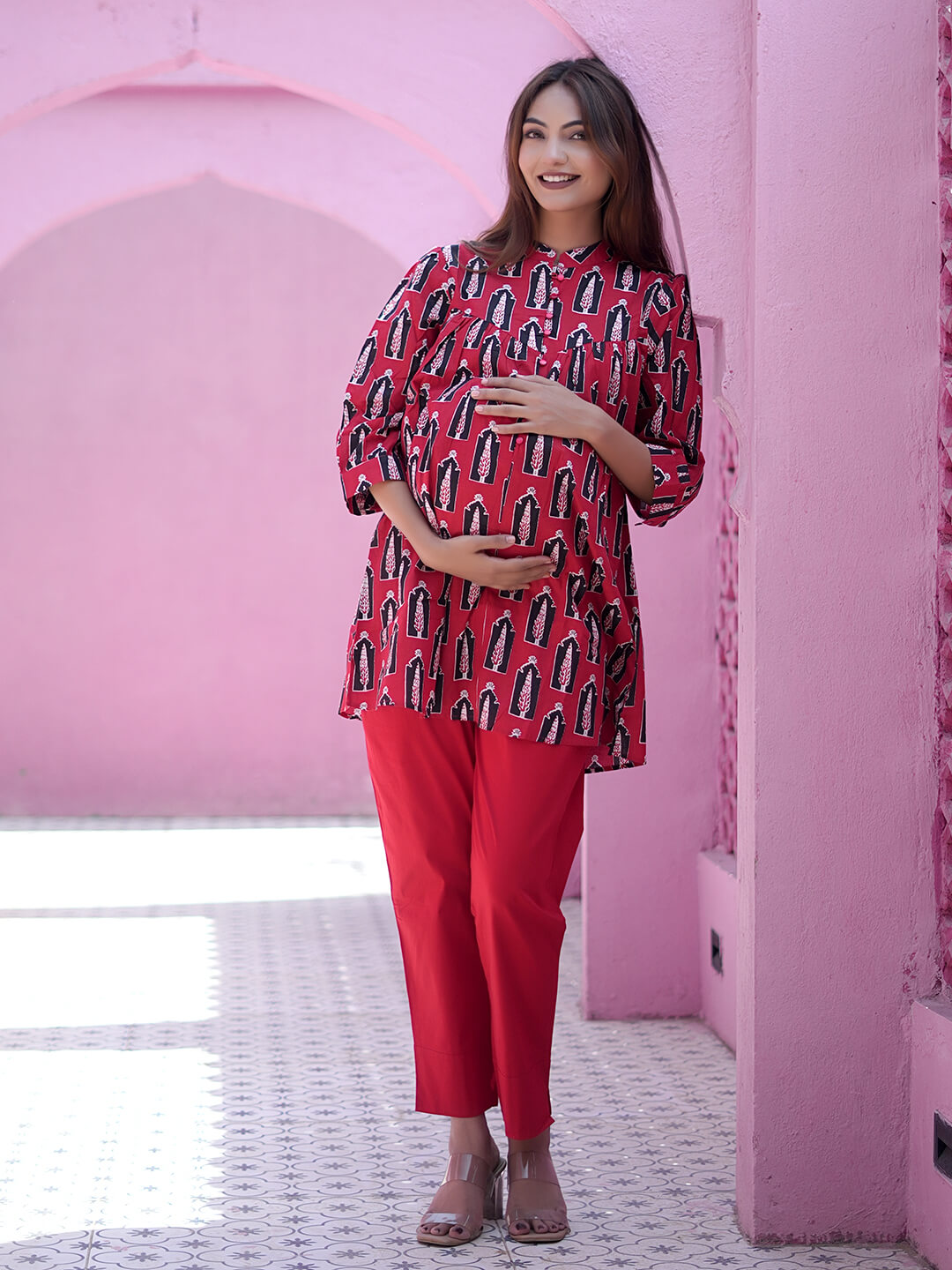 Red Ethnic Printed Maternity & Feeding Friendly Cotton Co-ord Set
