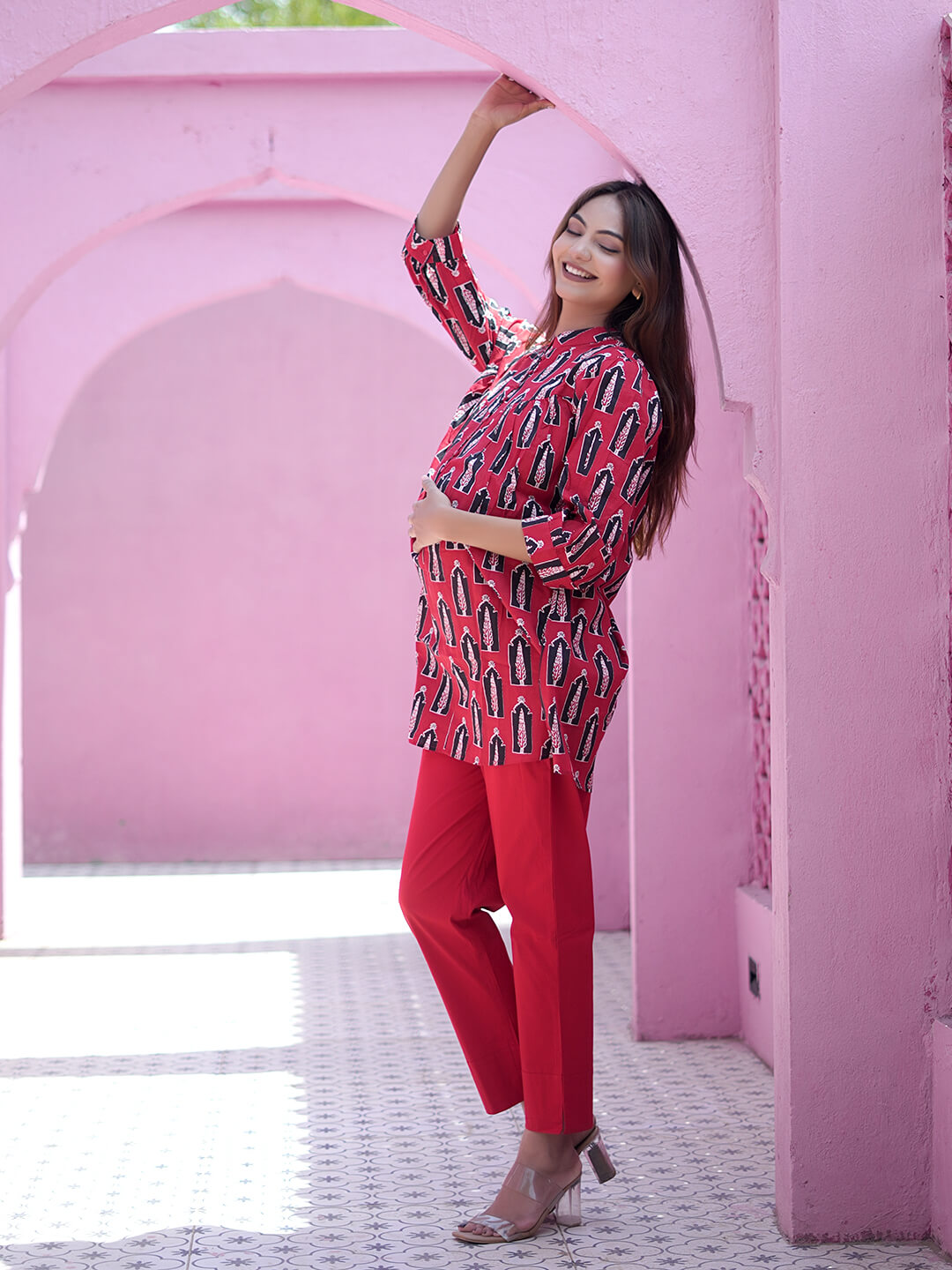 Red Ethnic Printed Maternity & Feeding Friendly Cotton Co-ord Set
