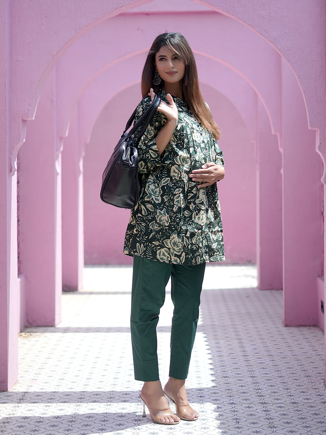 Bottle Green Floral Printed Maternity & Feeding Friendly Cotton Co-ord Set