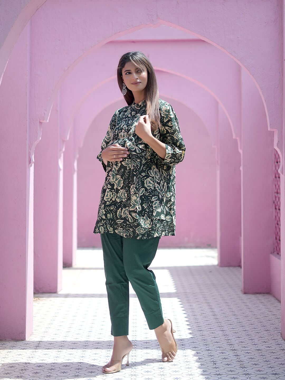 Bottle Green Floral Printed Maternity & Feeding Friendly Cotton Co-ord Set