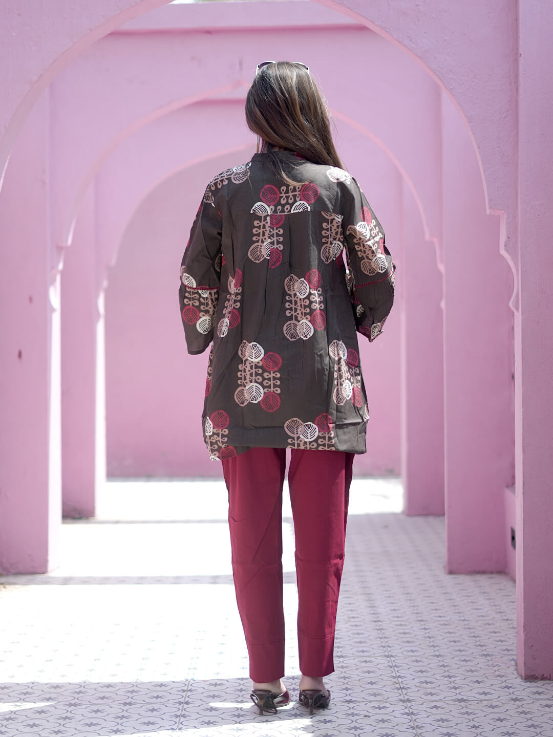 Brown Maroon Ethnic Printed Maternity & Feeding Friendly Cotton Co-ord Set