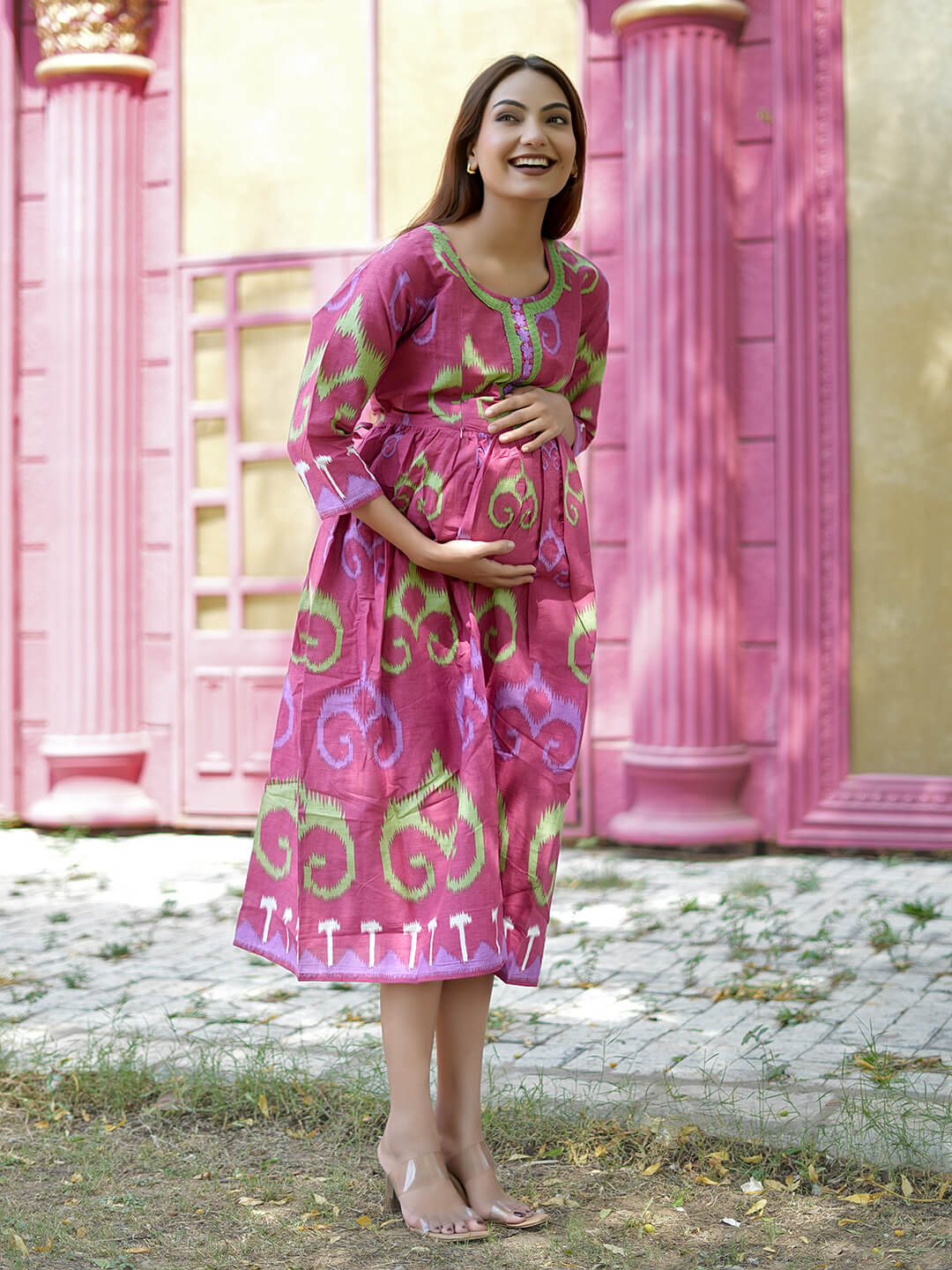 Brick Red Ikat Printed Maternity & Nursing Midi Dress with Concealed Feeding Zippers