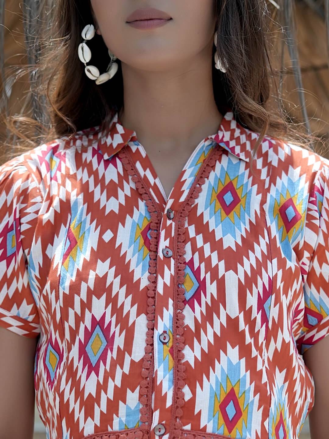Brown Multi Ikat Printed Maternity & Nursing Midi Dress with Concealed Feeding Zippers