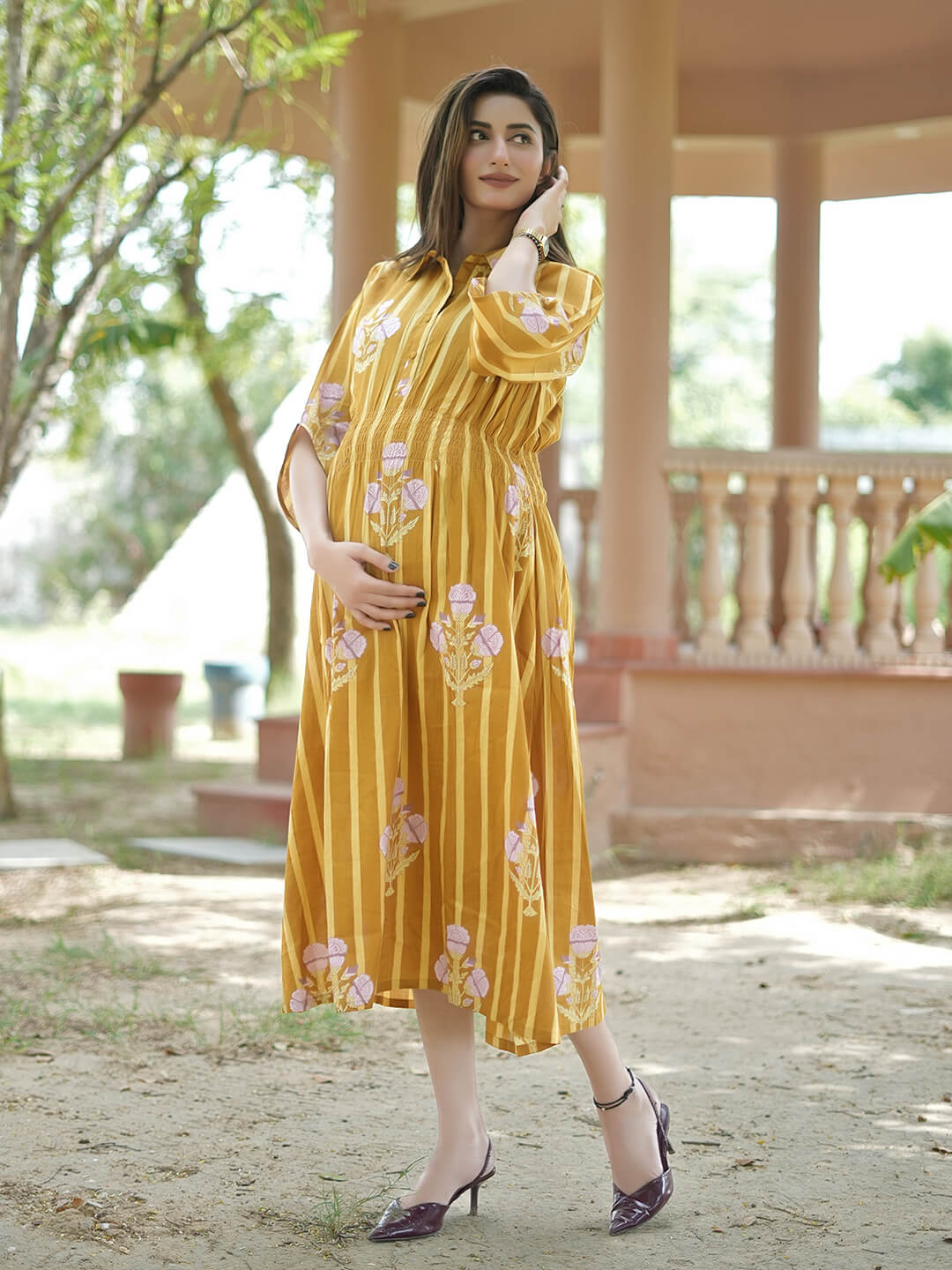 Mustard Ethnic Printed Maternity & Nursing Midi Dress with Concealed Feeding Zippers