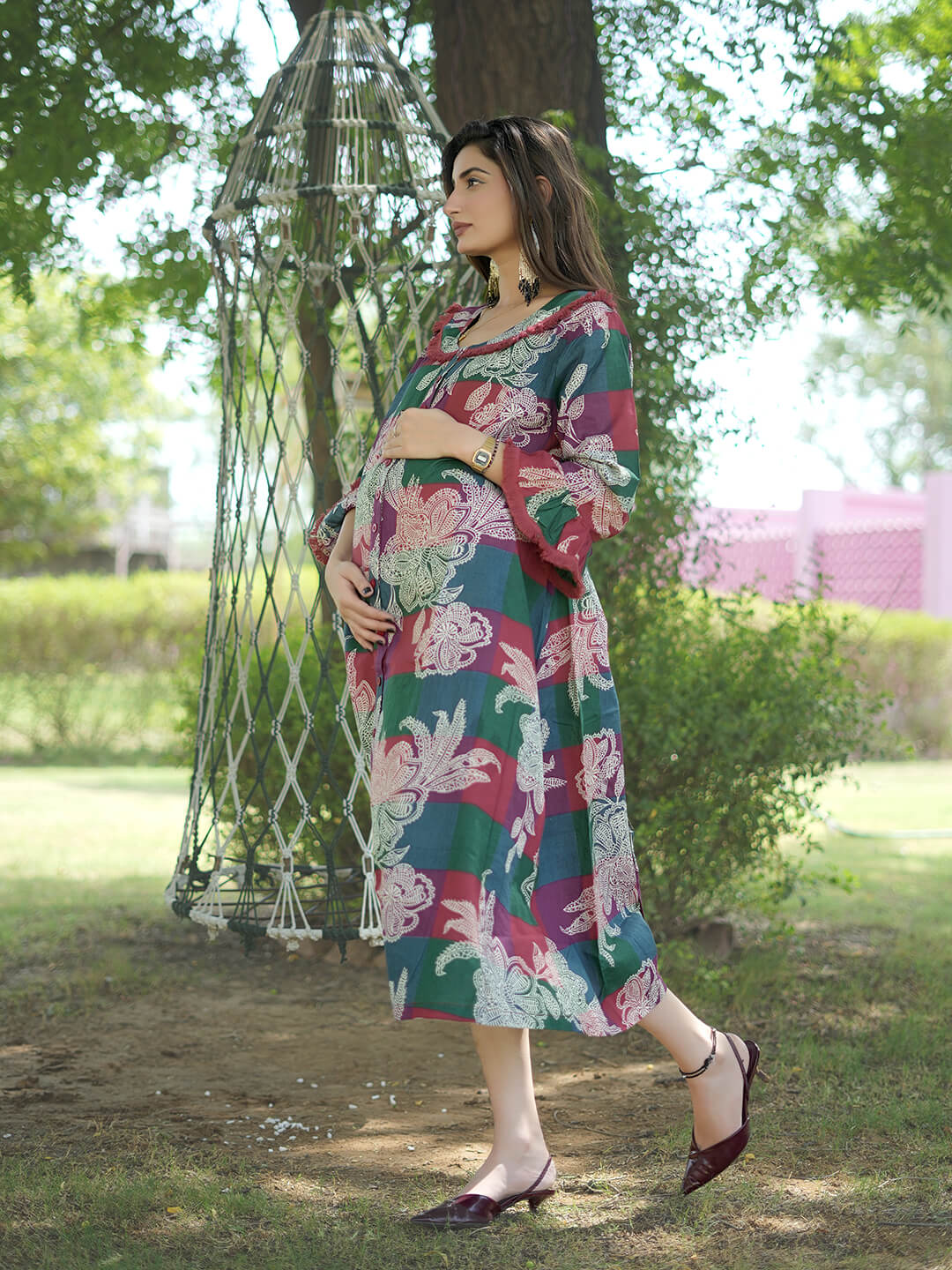Maroon Multi Floral Printed Maternity & Nursing Midi Dress