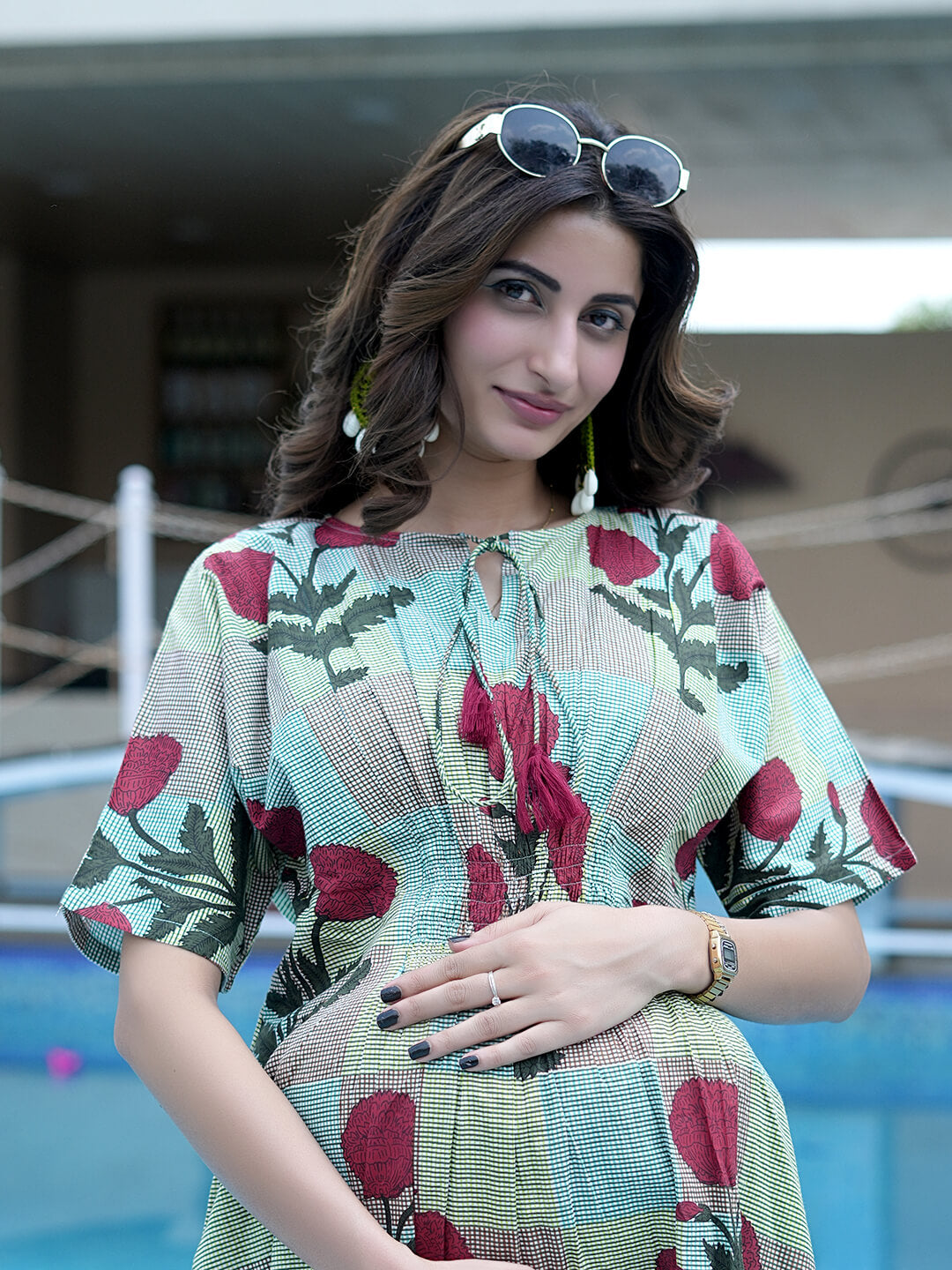 Multicolor Ethnic Printed Maternity & Nursing Midi Dress with Concealed Feeding Zippers