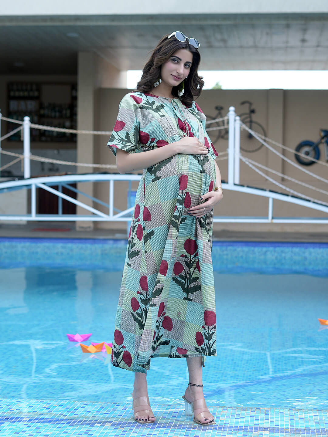 Multicolor Ethnic Printed Maternity & Nursing Midi Dress with Concealed Feeding Zippers