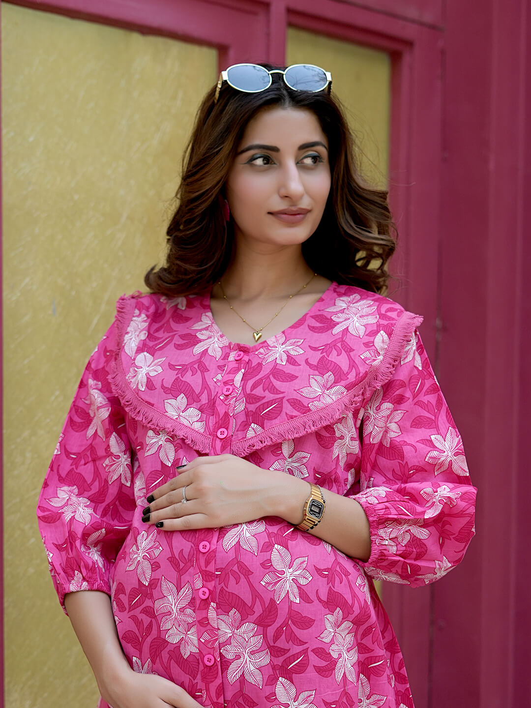 Fuchsia Floral Printed Maternity & Nursing Midi Dress