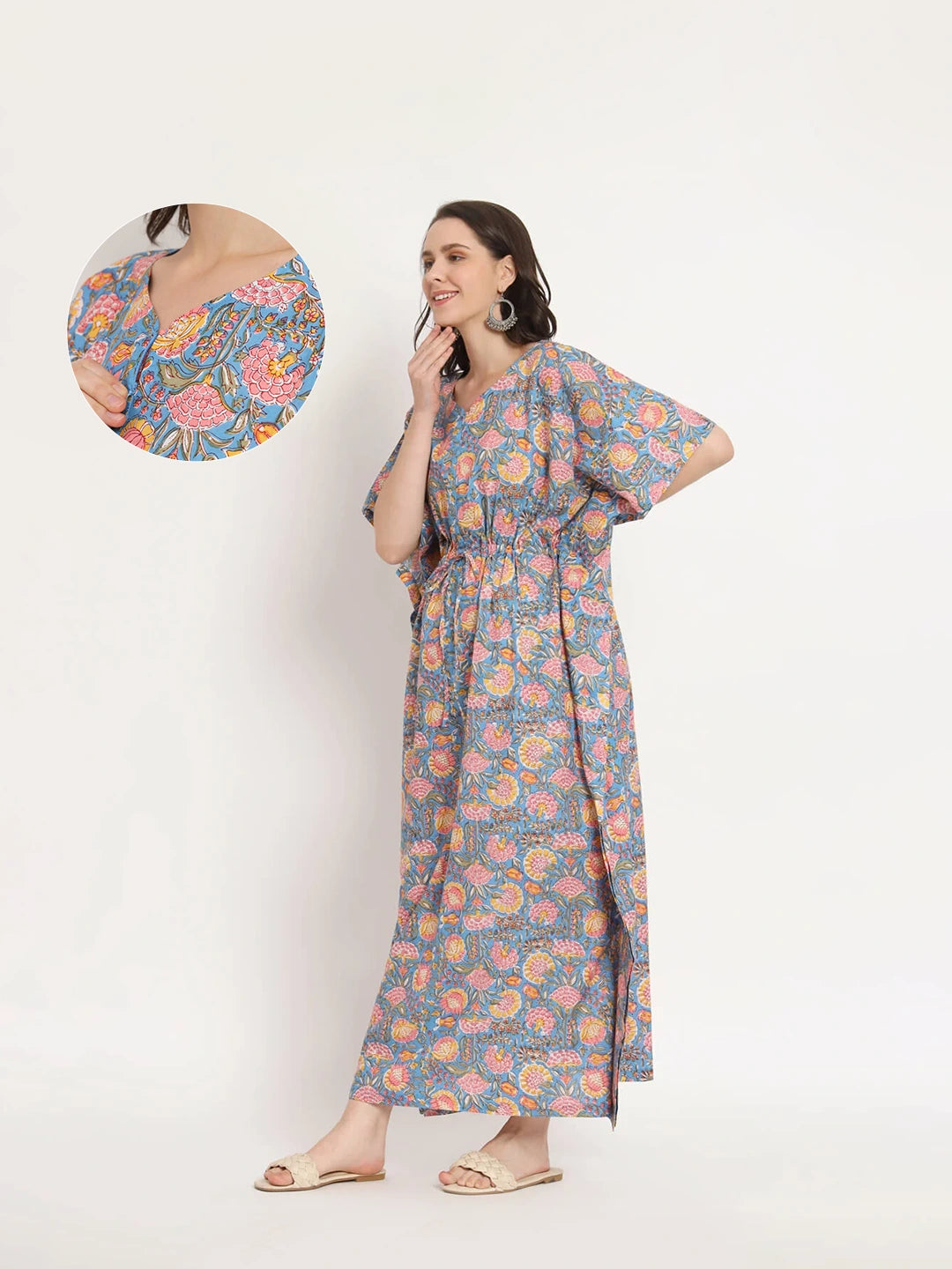 Blue Multi Floral Print Maternity & Feeding Kaftan Dress with Concealed Zipper