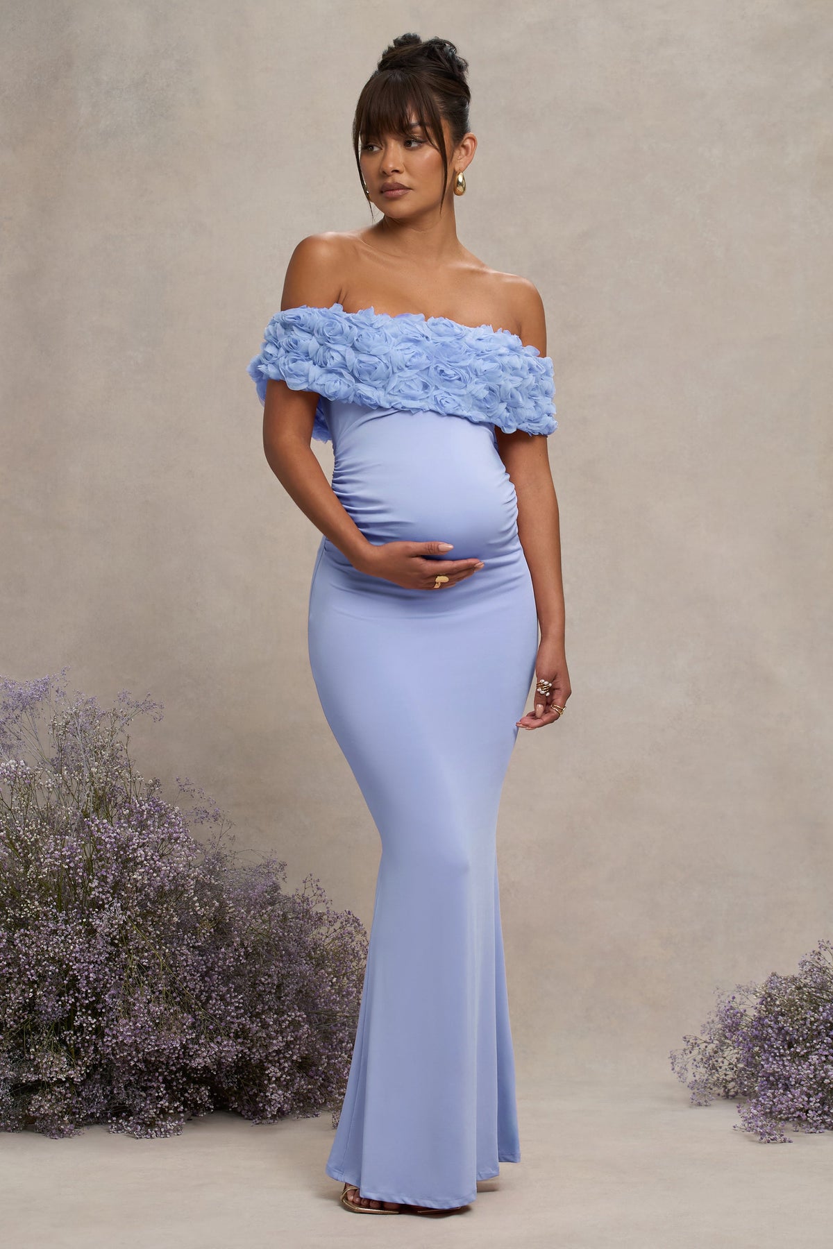 Inflorescence Powder Blue Mesh Floral Bardot Maternity Maxi Dress
