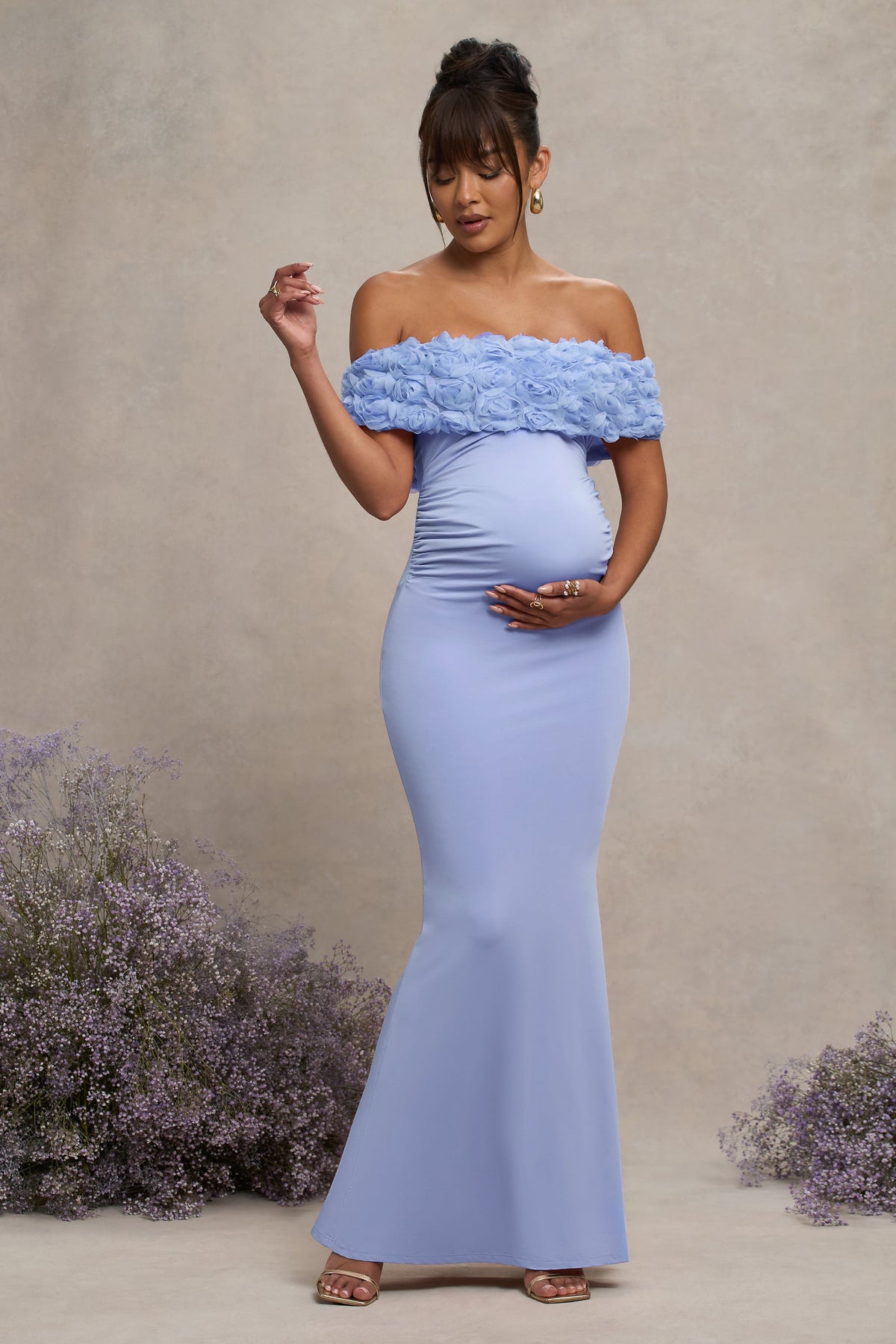 Inflorescence Powder Blue Mesh Floral Bardot Maternity Maxi Dress
