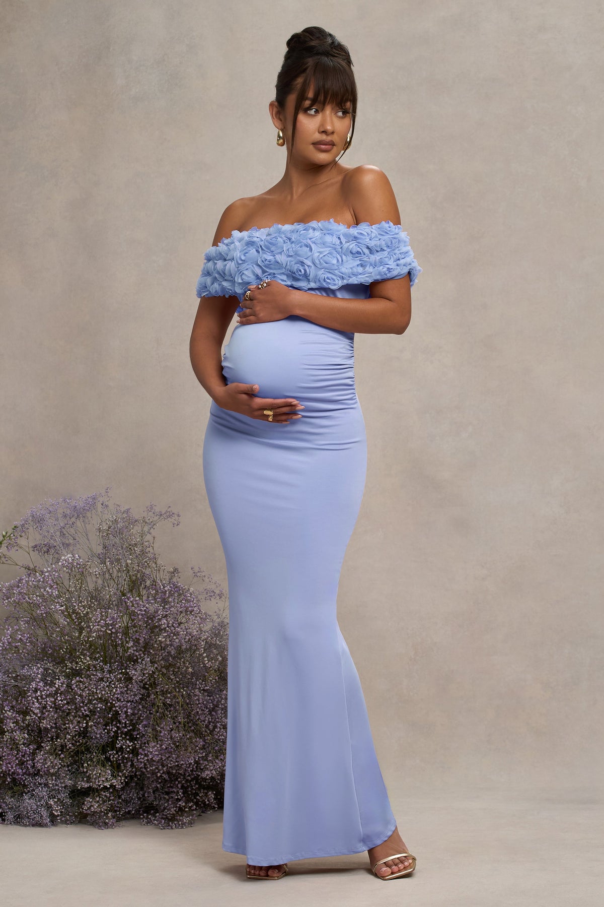 Inflorescence Powder Blue Mesh Floral Bardot Maternity Maxi Dress