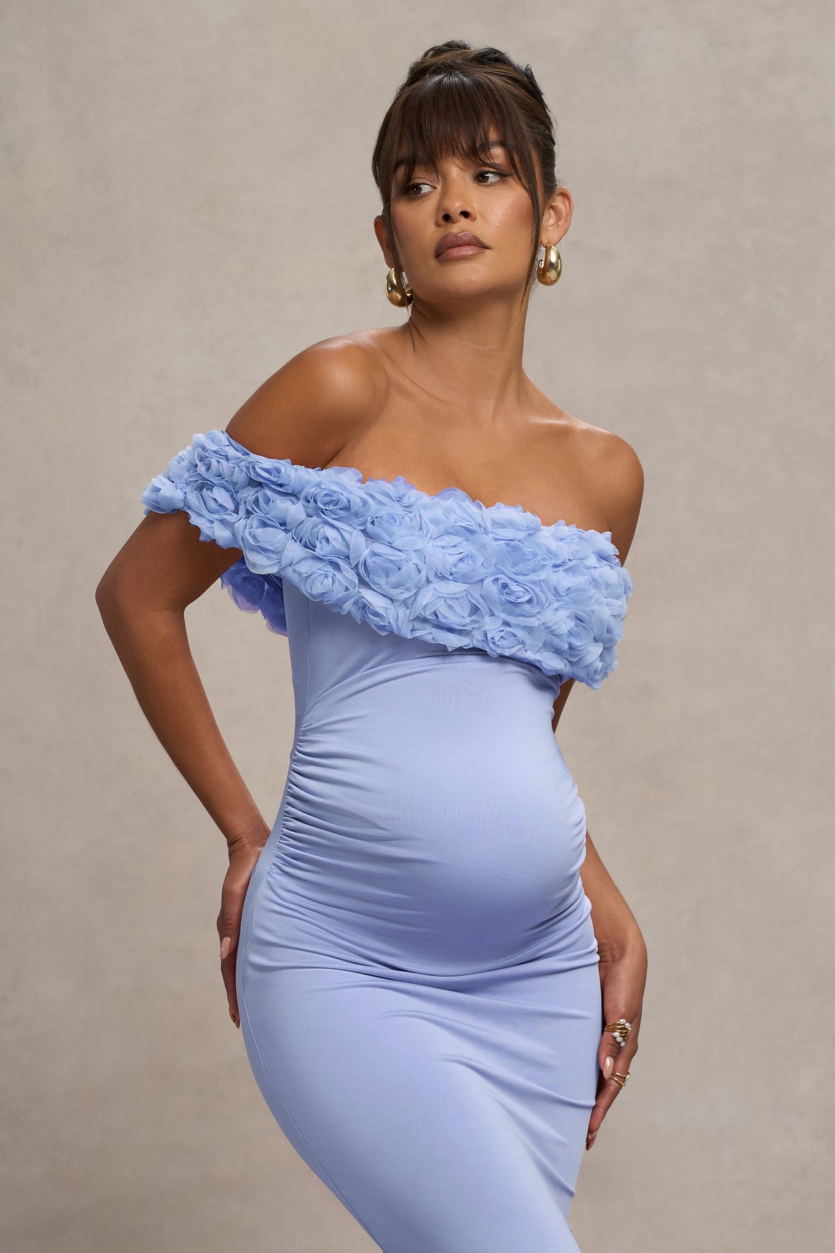 Inflorescence Powder Blue Mesh Floral Bardot Maternity Maxi Dress
