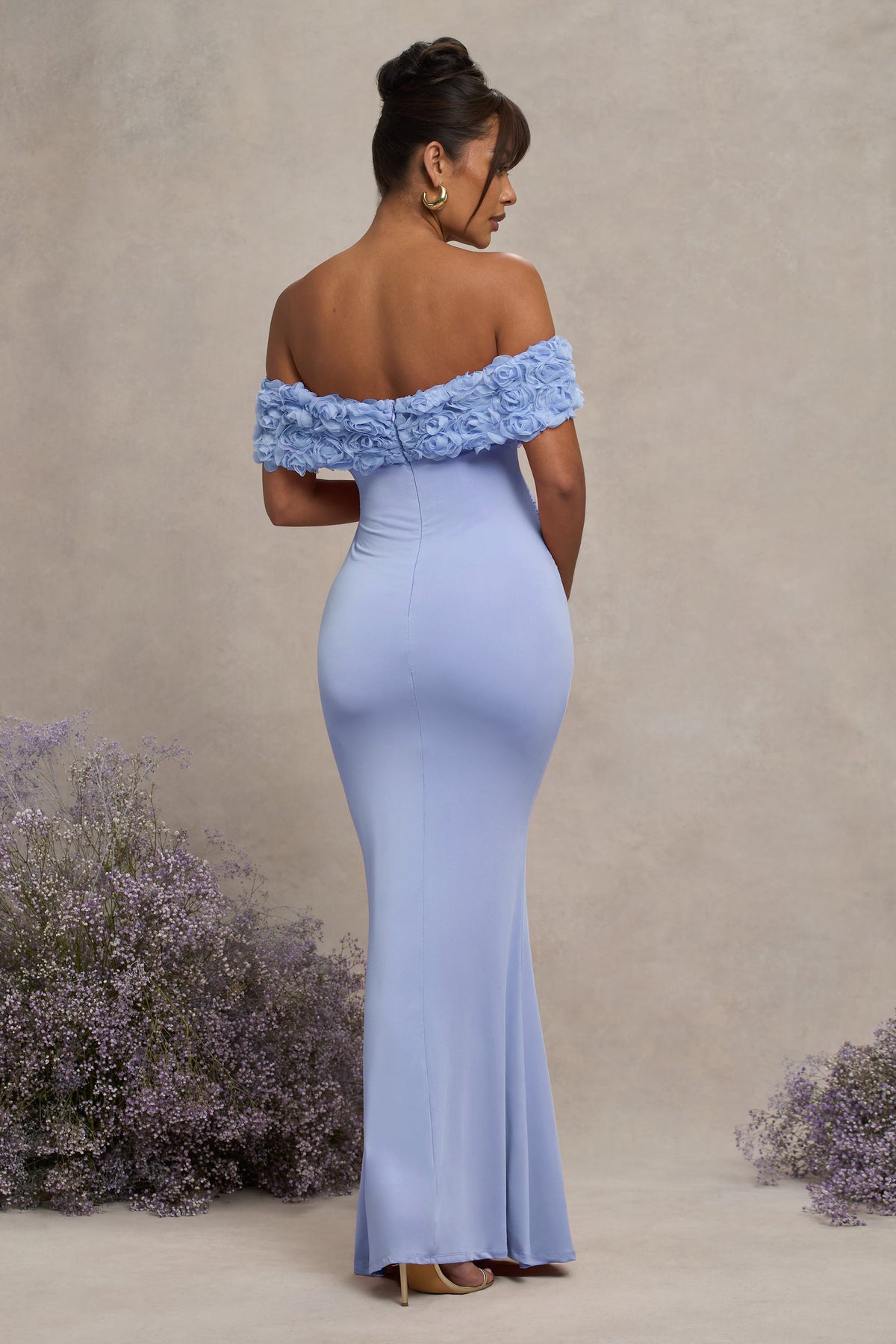 Inflorescence Powder Blue Mesh Floral Bardot Maternity Maxi Dress