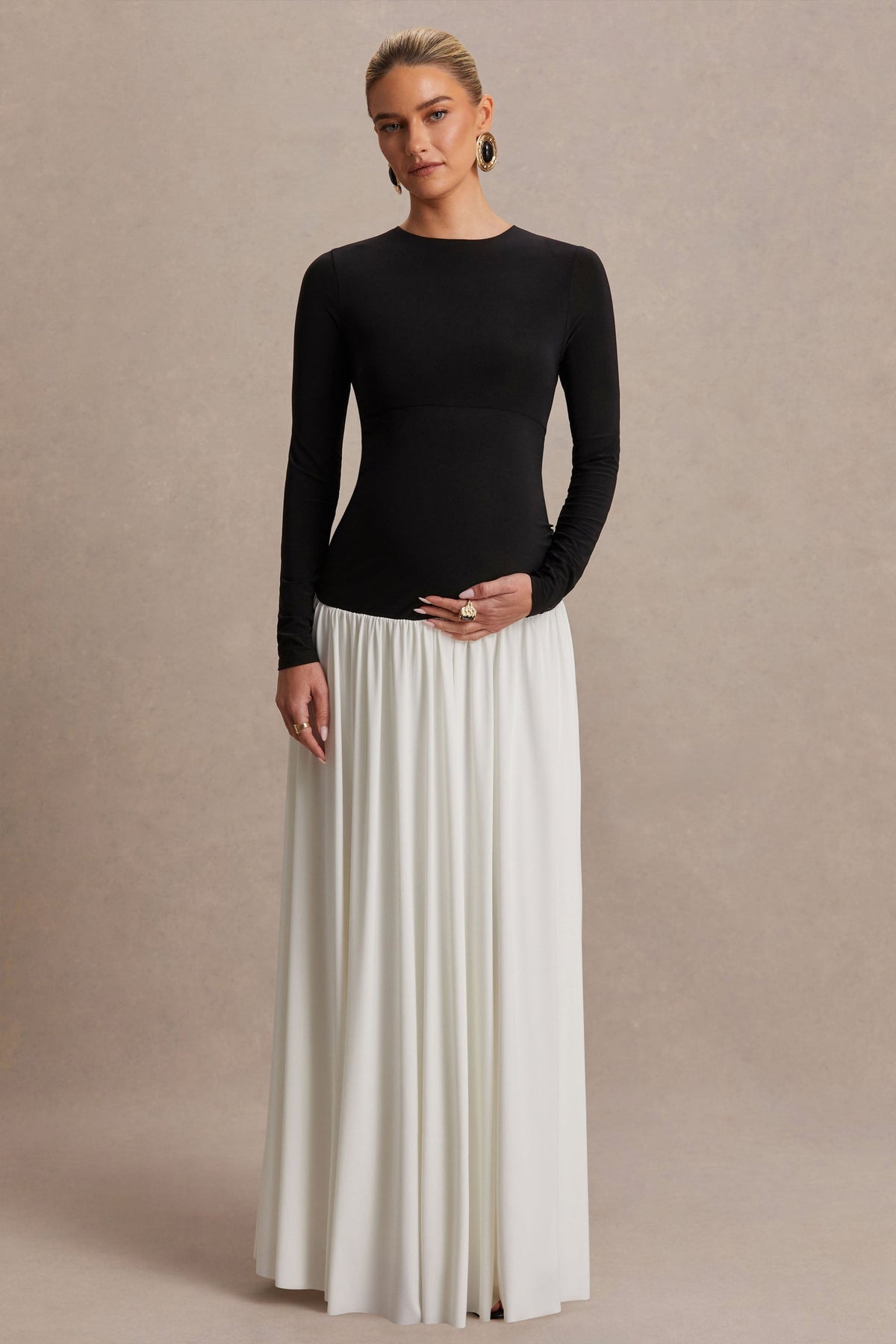 Monroe Black And White Crew-Neck Maternity Maxi Dress With Drop-Waist
