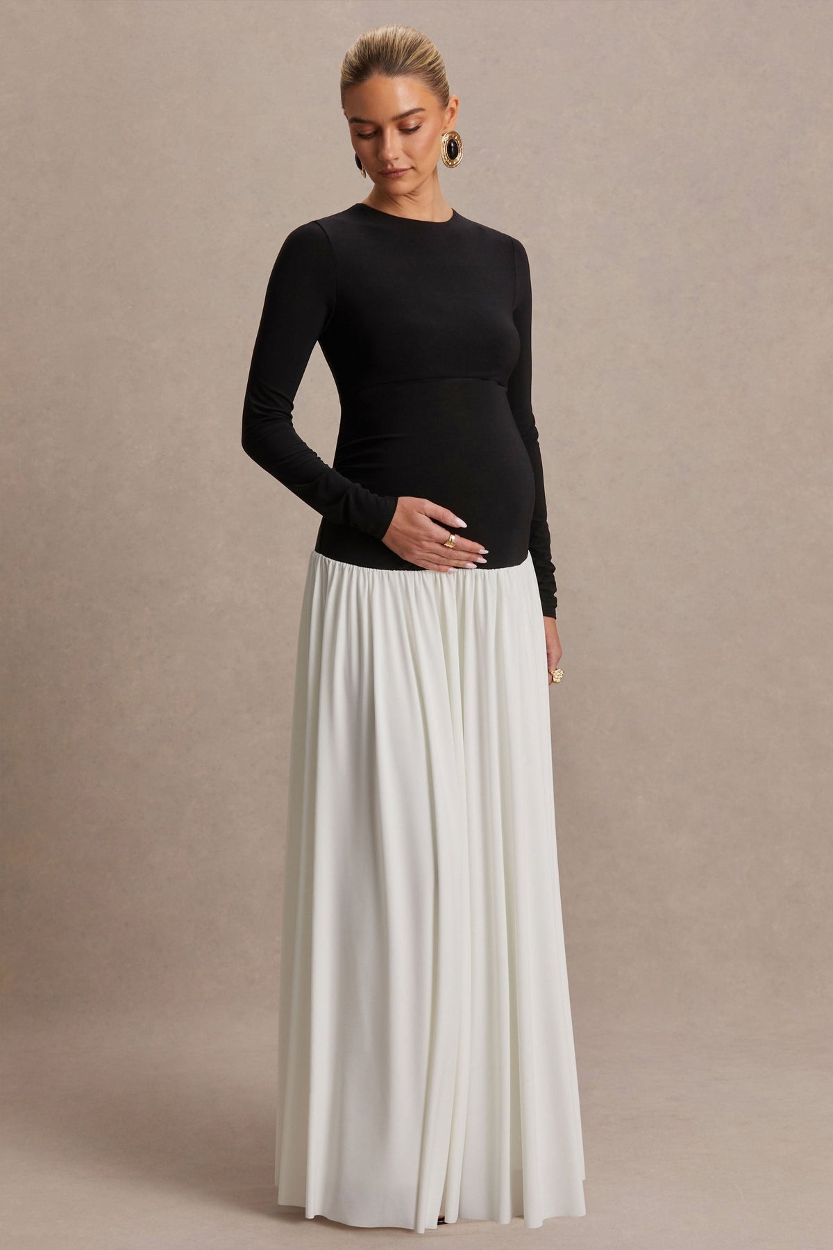 Monroe Black And White Crew-Neck Maternity Maxi Dress With Drop-Waist