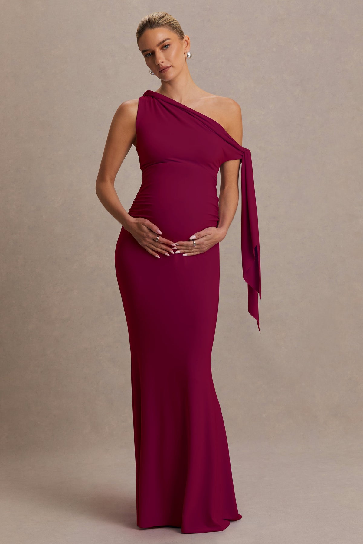 Orielle Burgundy Asymmetric-Neck Maternity Maxi Dress With Knot-Sleeve And Sash