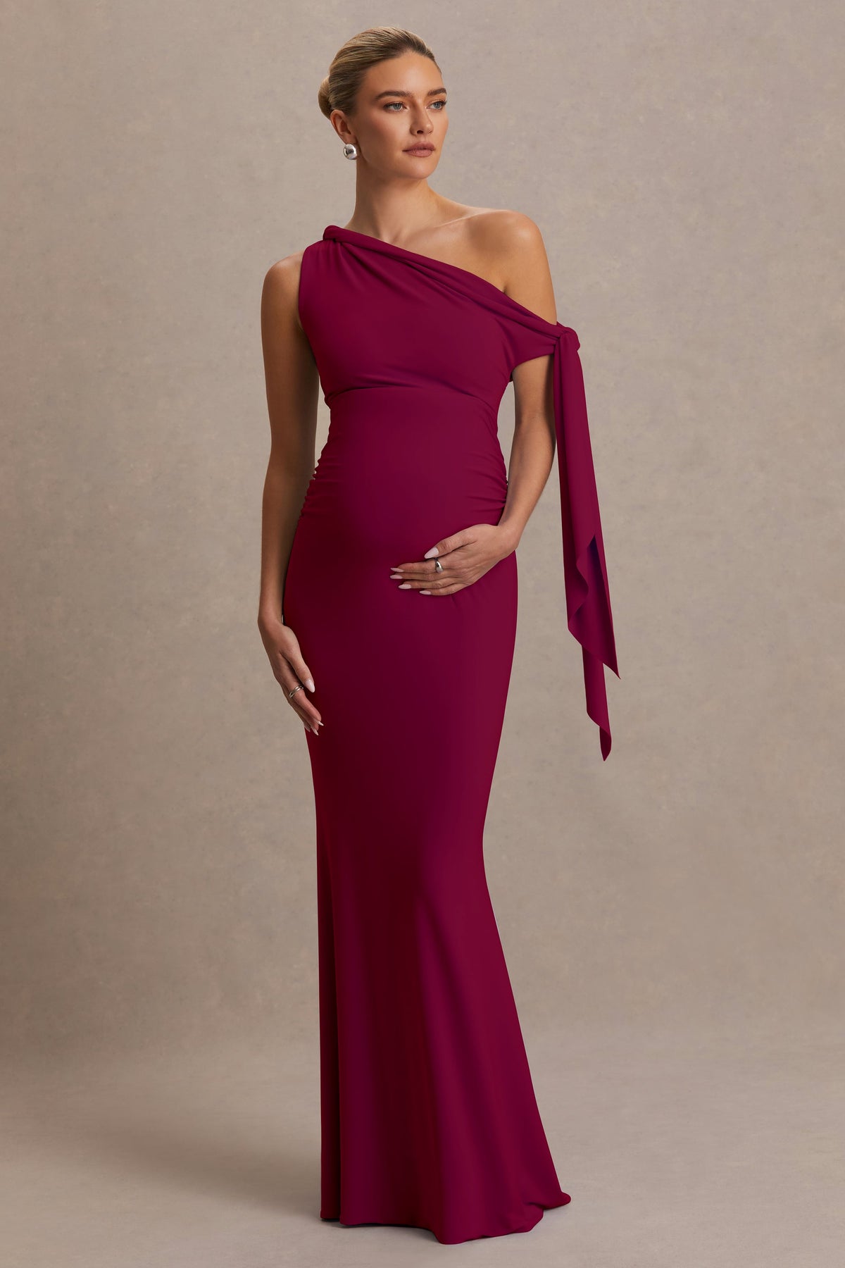 Orielle Burgundy Asymmetric-Neck Maternity Maxi Dress With Knot-Sleeve And Sash