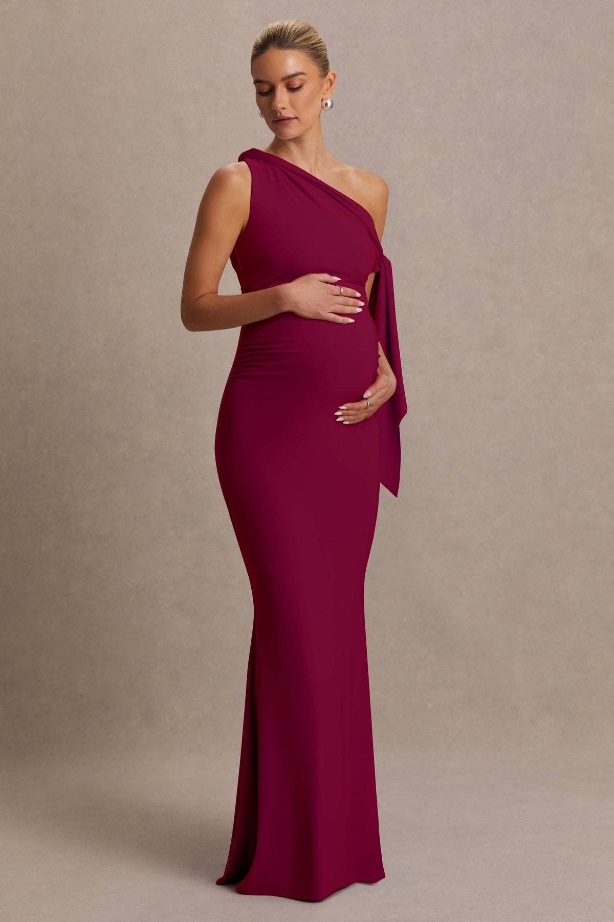 Orielle Burgundy Asymmetric-Neck Maternity Maxi Dress With Knot-Sleeve And Sash