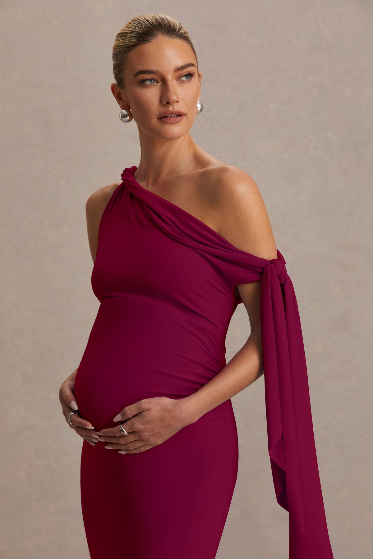 Orielle Burgundy Asymmetric-Neck Maternity Maxi Dress With Knot-Sleeve And Sash