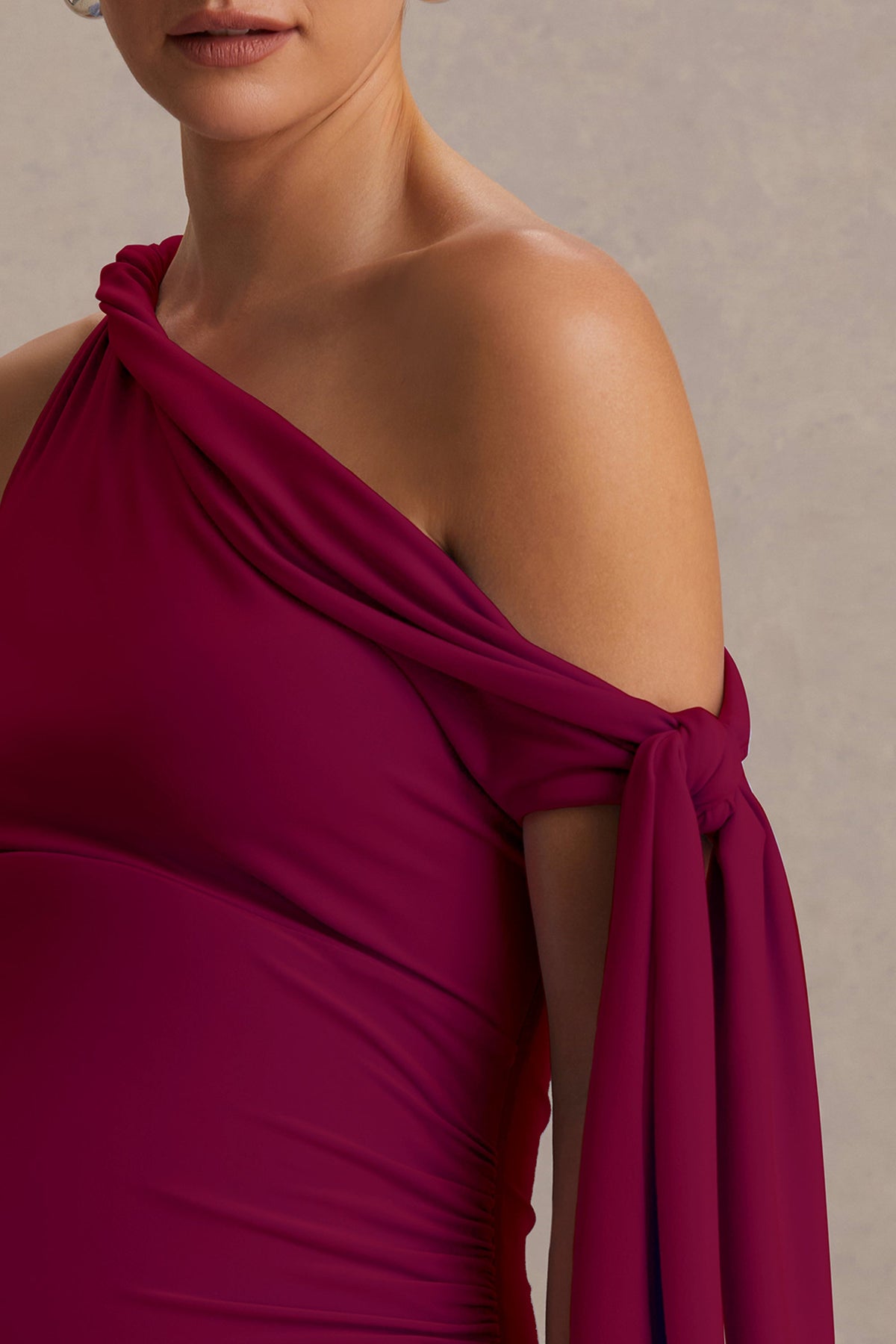 Orielle Burgundy Asymmetric-Neck Maternity Maxi Dress With Knot-Sleeve And Sash