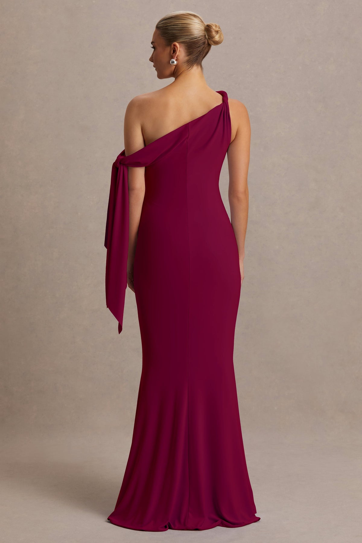 Orielle Burgundy Asymmetric-Neck Maternity Maxi Dress With Knot-Sleeve And Sash