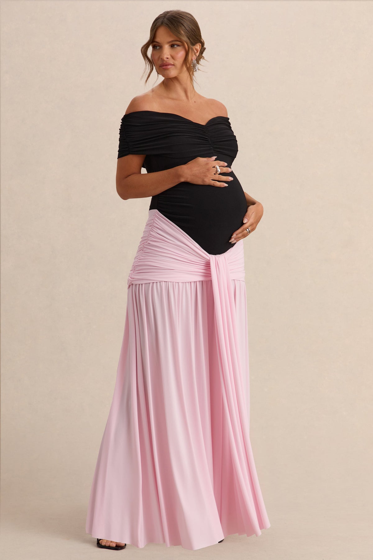 Eudora Black & Light Pink Bardot-Neck Maternity Maxi Dress With Gathered Detailing