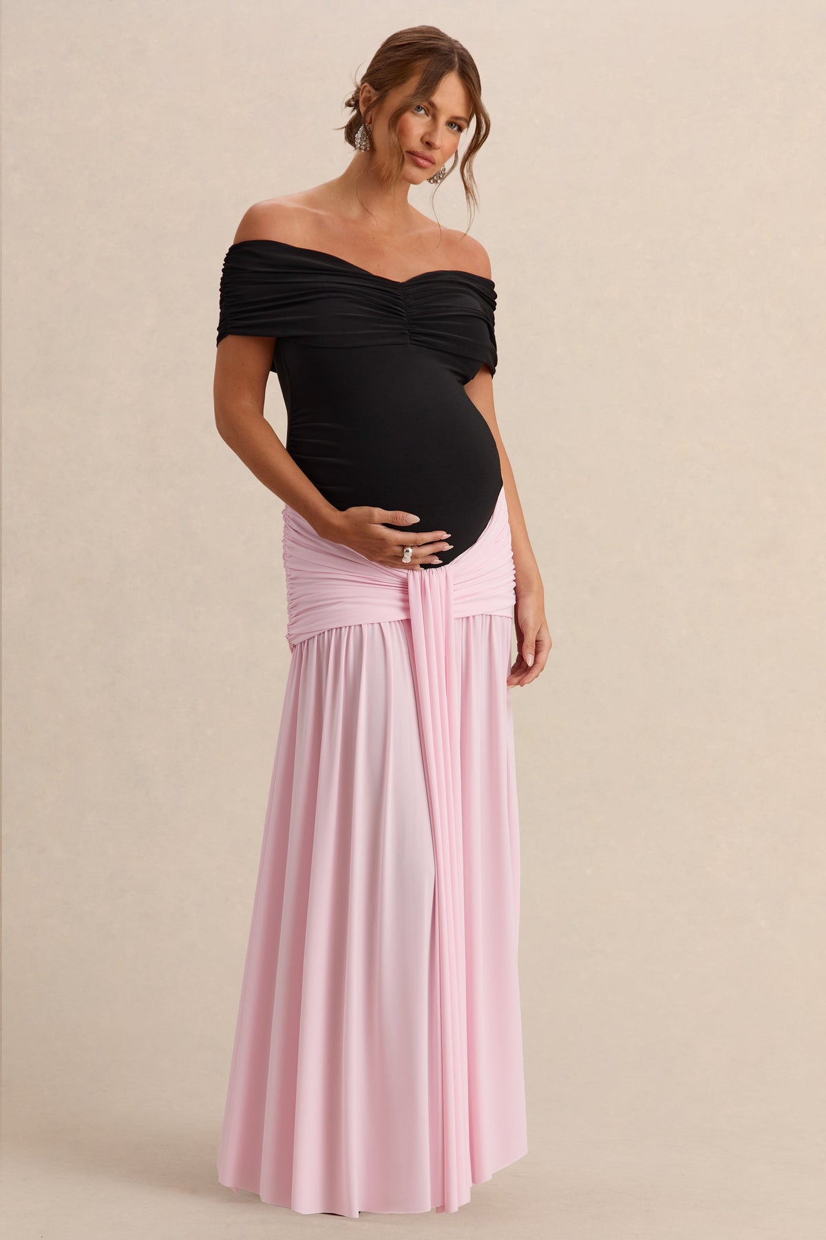 Eudora Black & Light Pink Bardot-Neck Maternity Maxi Dress With Gathered Detailing