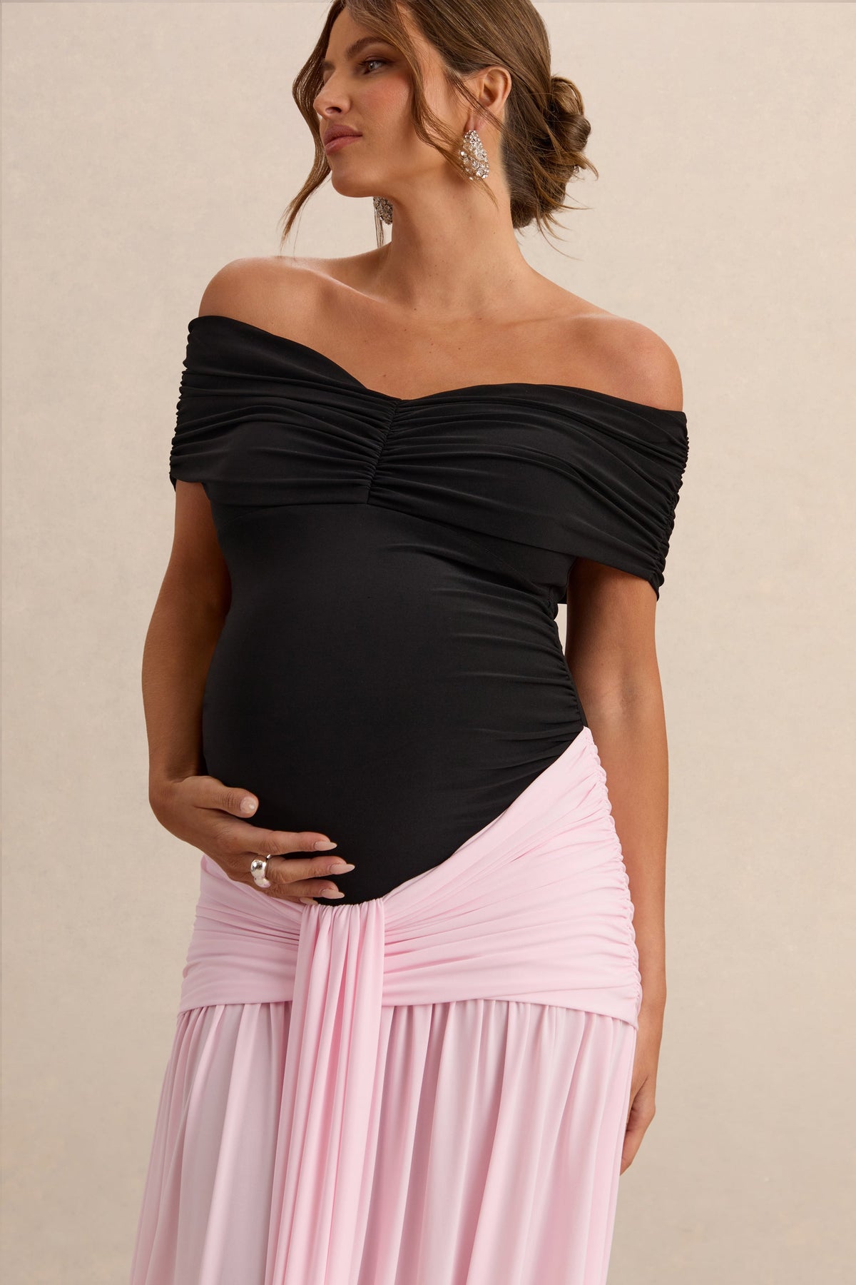 Eudora Black & Light Pink Bardot-Neck Maternity Maxi Dress With Gathered Detailing