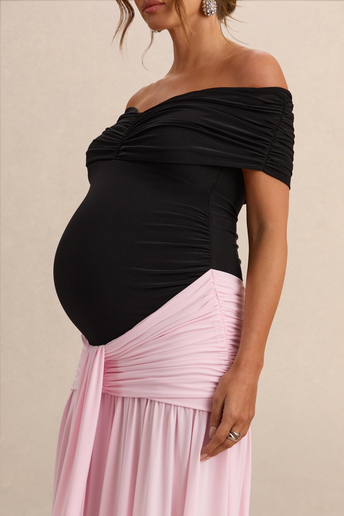 Eudora Black & Light Pink Bardot-Neck Maternity Maxi Dress With Gathered Detailing