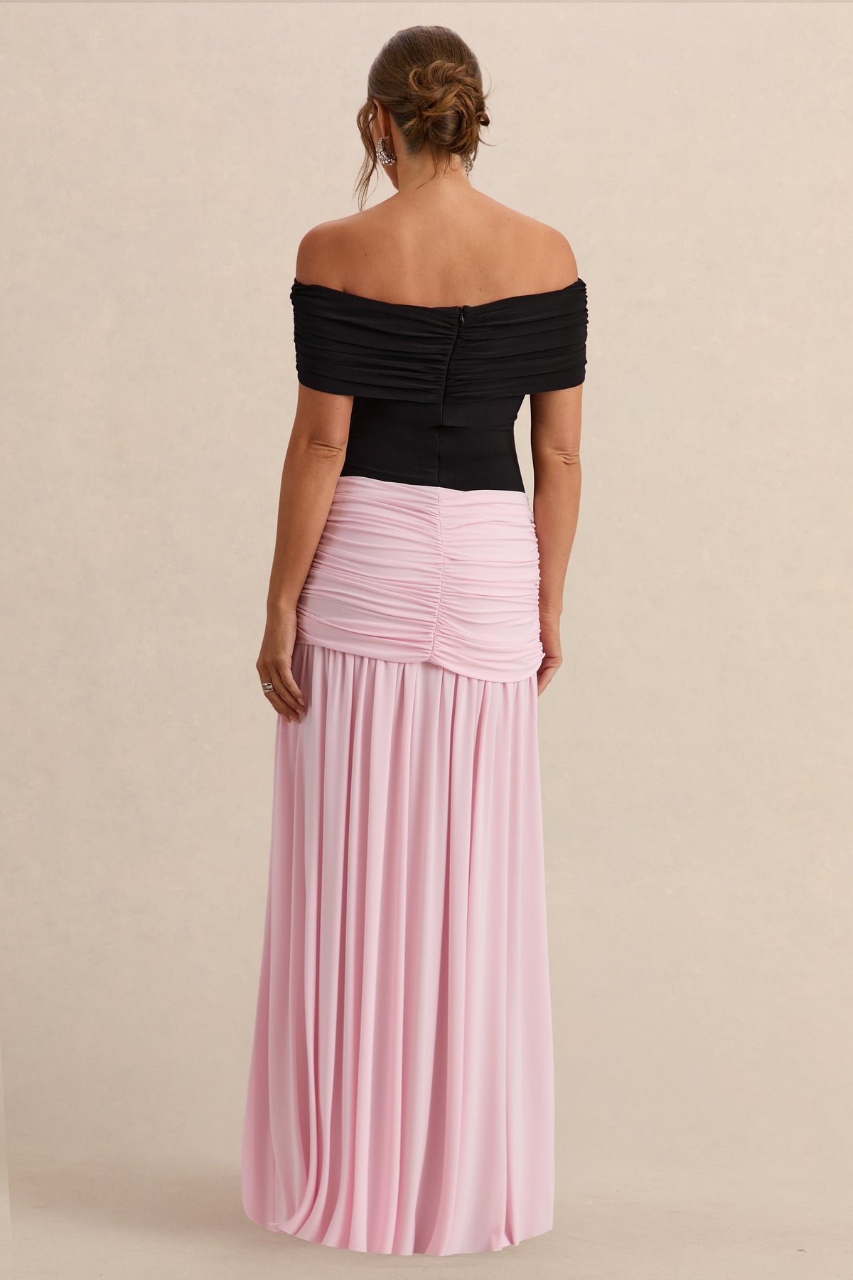 Eudora Black & Light Pink Bardot-Neck Maternity Maxi Dress With Gathered Detailing