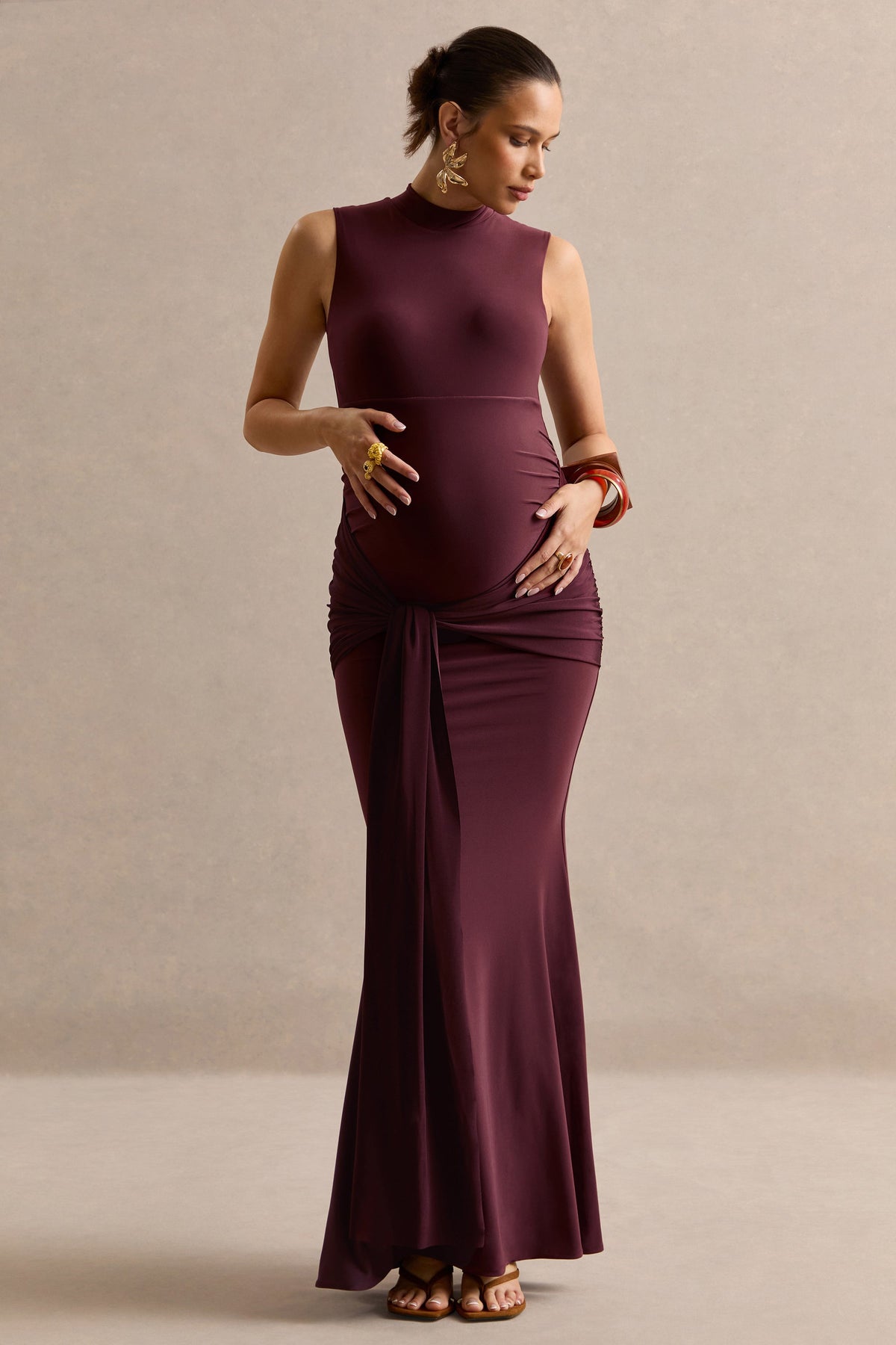 Ralina Dark Brown High-Neck Maternity Maxi Dress With Satin Tied Sash
