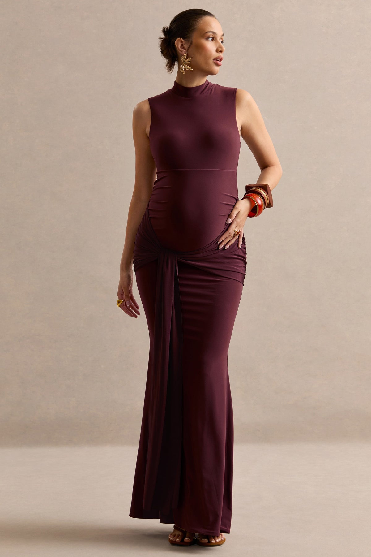 Ralina Dark Brown High-Neck Maternity Maxi Dress With Satin Tied Sash
