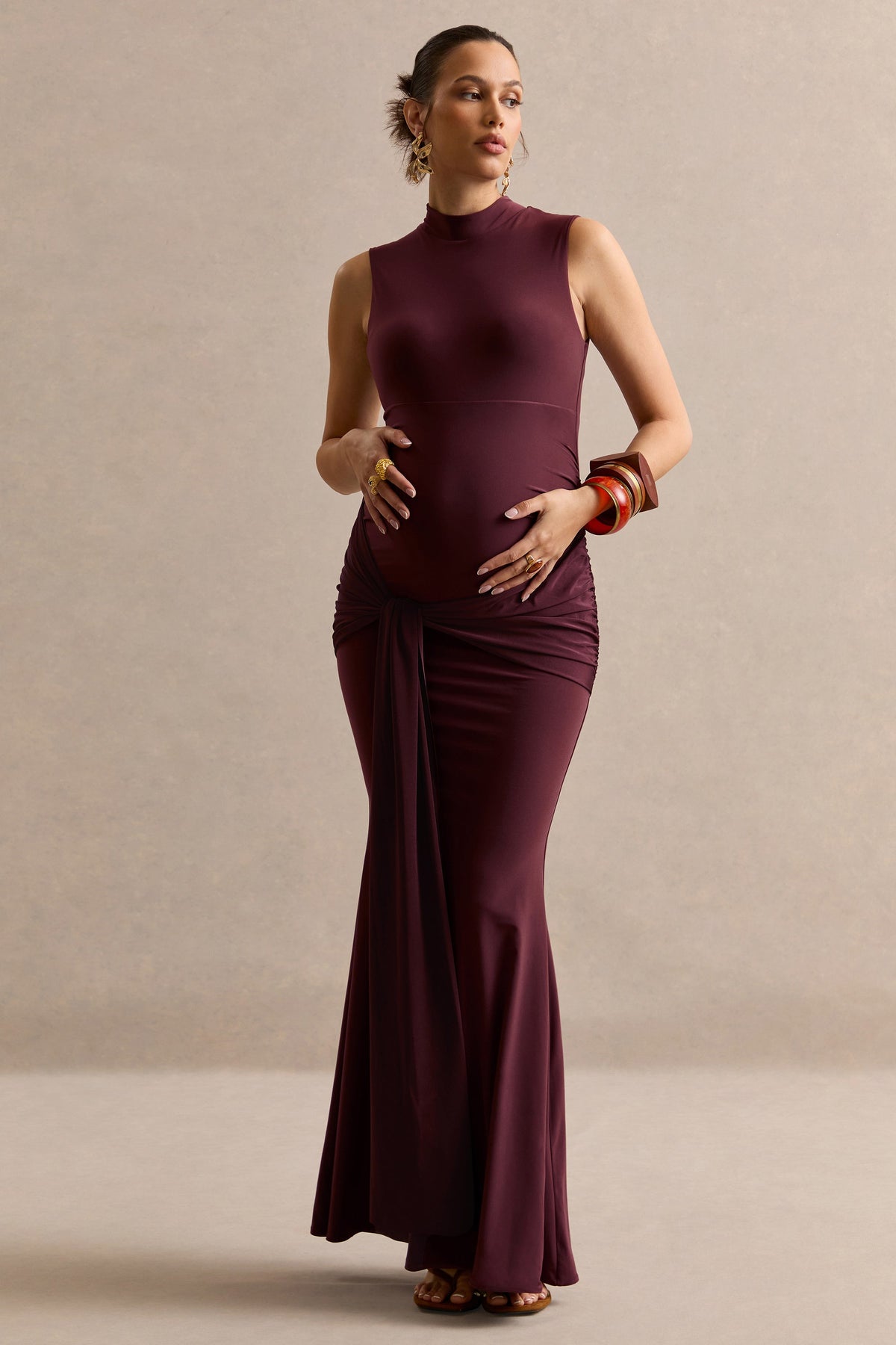 Ralina Dark Brown High-Neck Maternity Maxi Dress With Satin Tied Sash