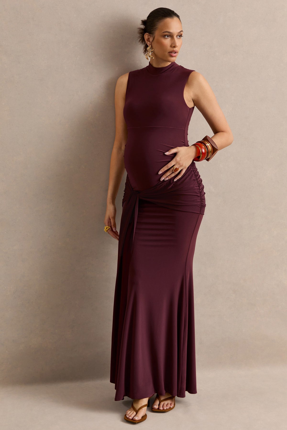 Ralina Dark Brown High-Neck Maternity Maxi Dress With Satin Tied Sash