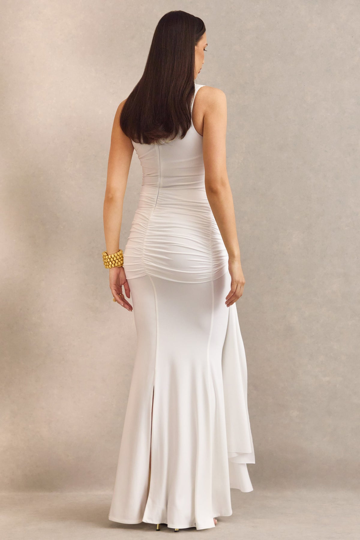 Ralina White High-Neck Maternity Maxi Dress With Satin Tied Sash