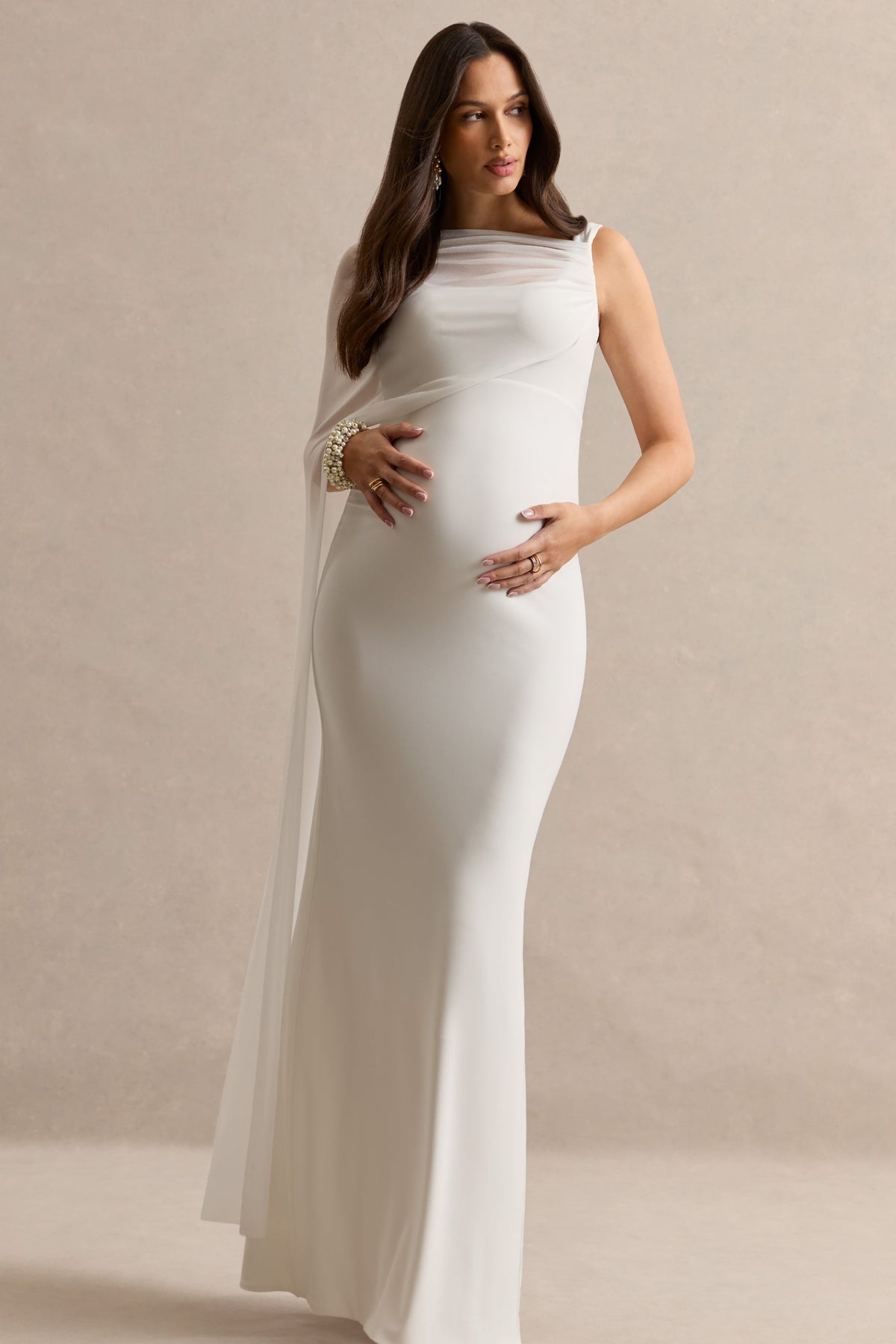 Camora White Asymmetric-Neck Maternity Maxi Dress With Sheer Cape Sleeve