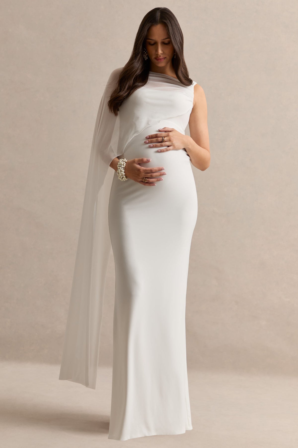 Camora White Asymmetric-Neck Maternity Maxi Dress With Sheer Cape Sleeve