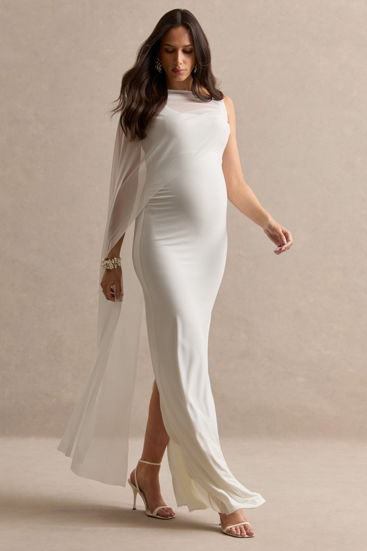 Camora White Asymmetric-Neck Maternity Maxi Dress With Sheer Cape Sleeve