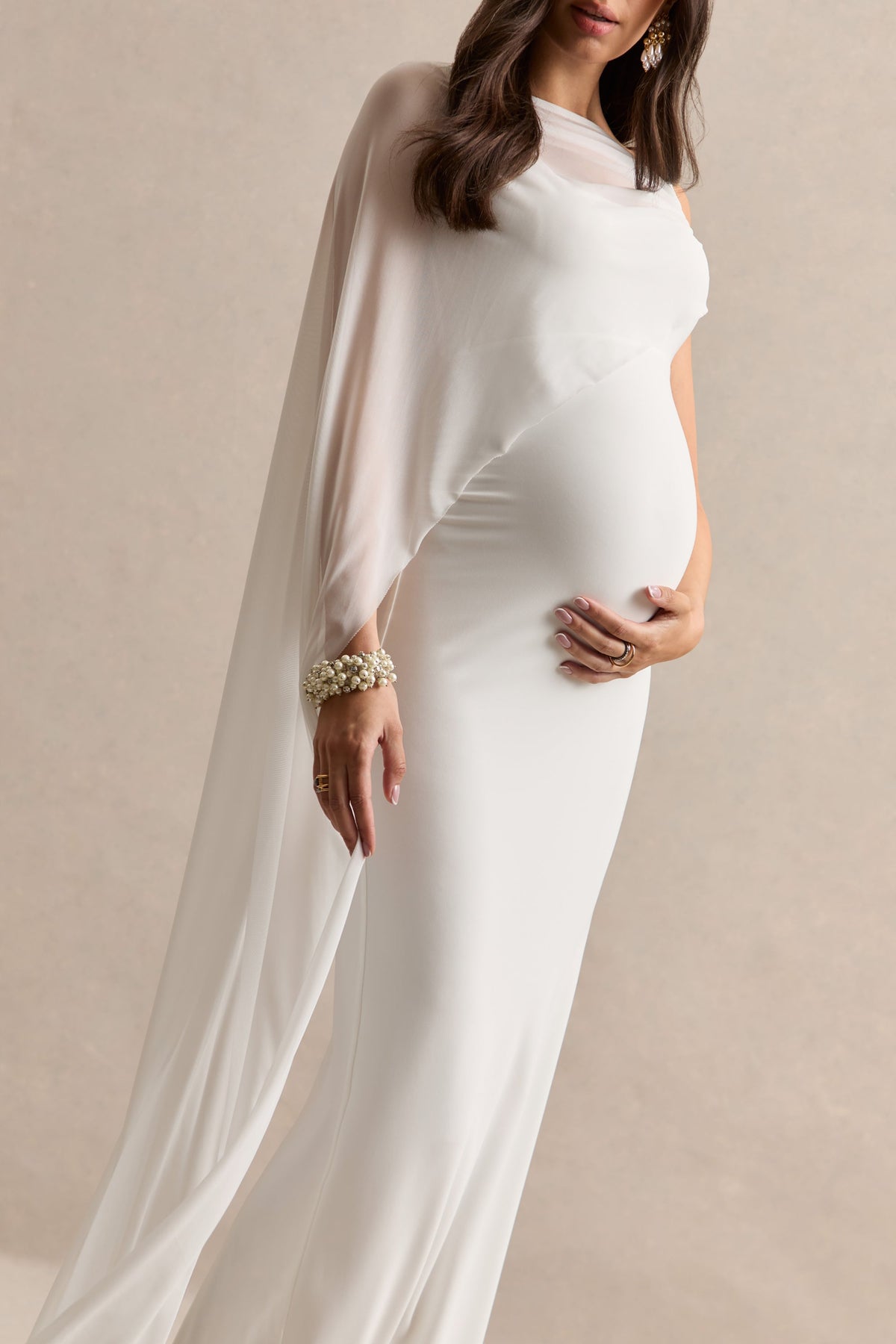 Camora White Asymmetric-Neck Maternity Maxi Dress With Sheer Cape Sleeve