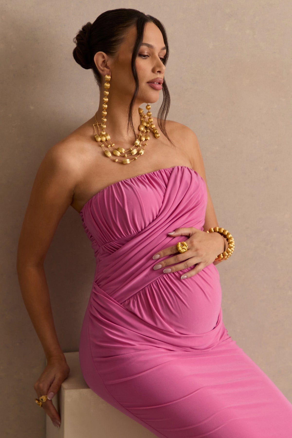 Casilda Pink Bandeau-Neck Maternity Maxi Dress With Draped Detailing