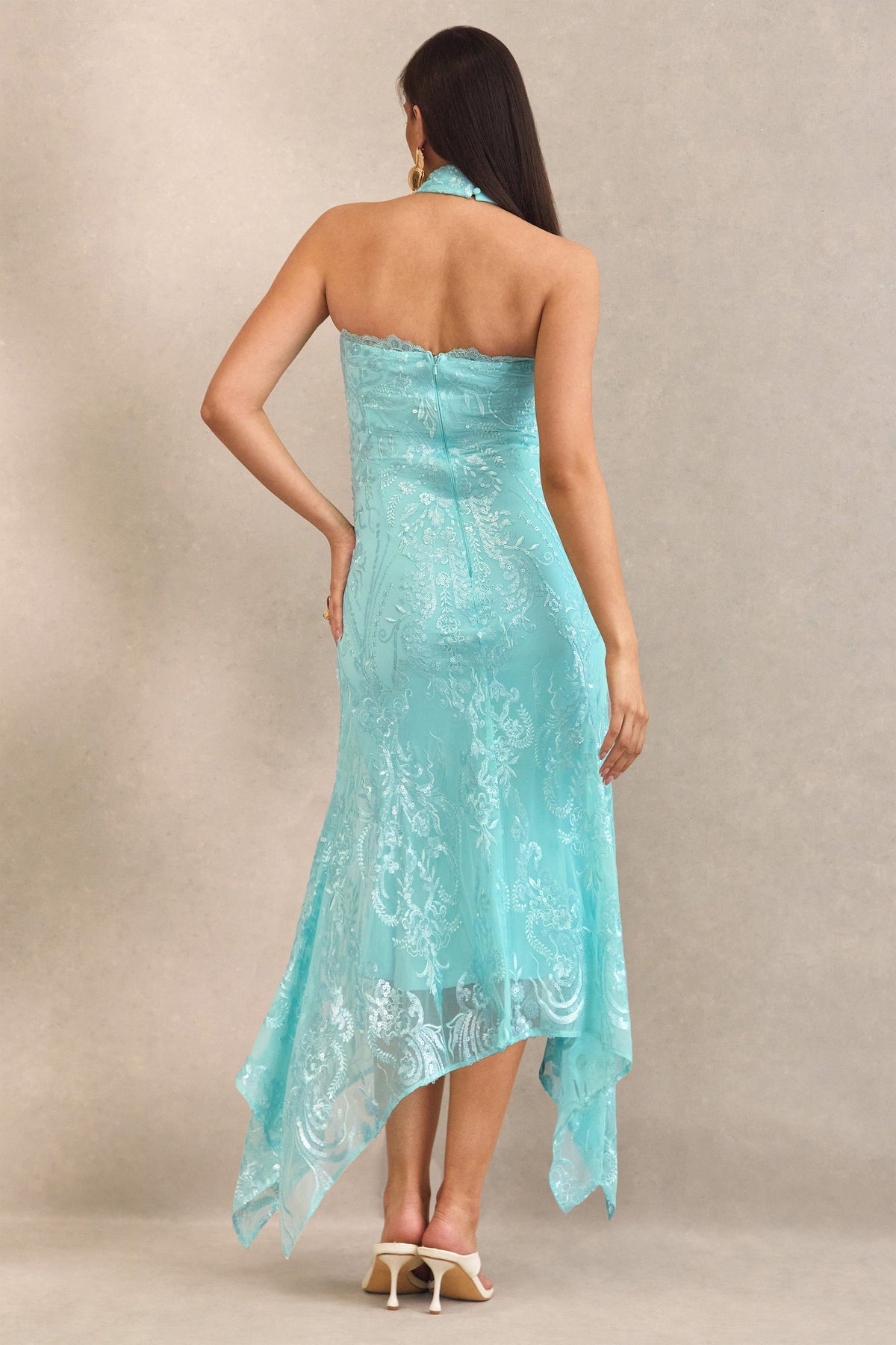 Sabriel Turquoise Lace Bandeau-Neck Maternity Midi Dress With Collar Detail