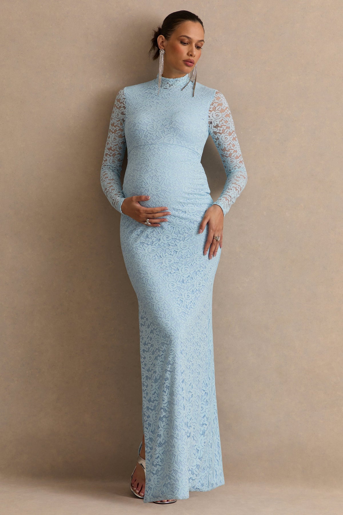 Cerysa Light Blue Lace High-Neck Maternity Maxi Dress