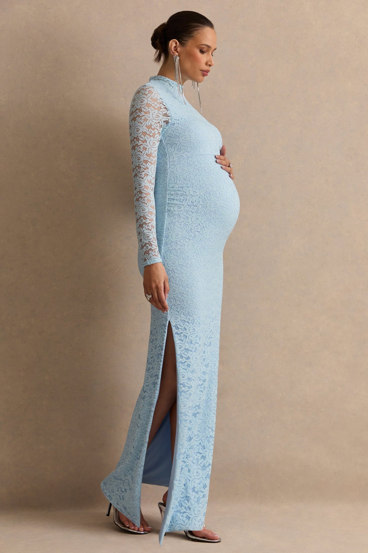 Cerysa Light Blue Lace High-Neck Maternity Maxi Dress