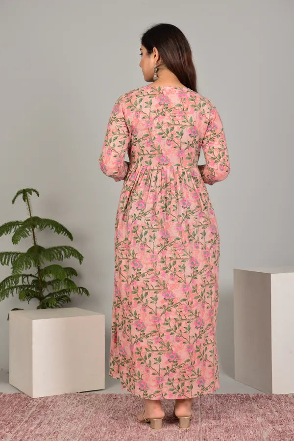 Elegant Floral Print Cotton Maternity &amp; Feeding Maxi Dress