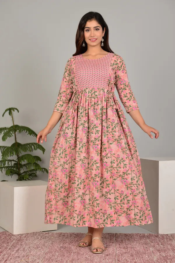 Elegant Floral Print Cotton Maternity &amp; Feeding Maxi Dress
