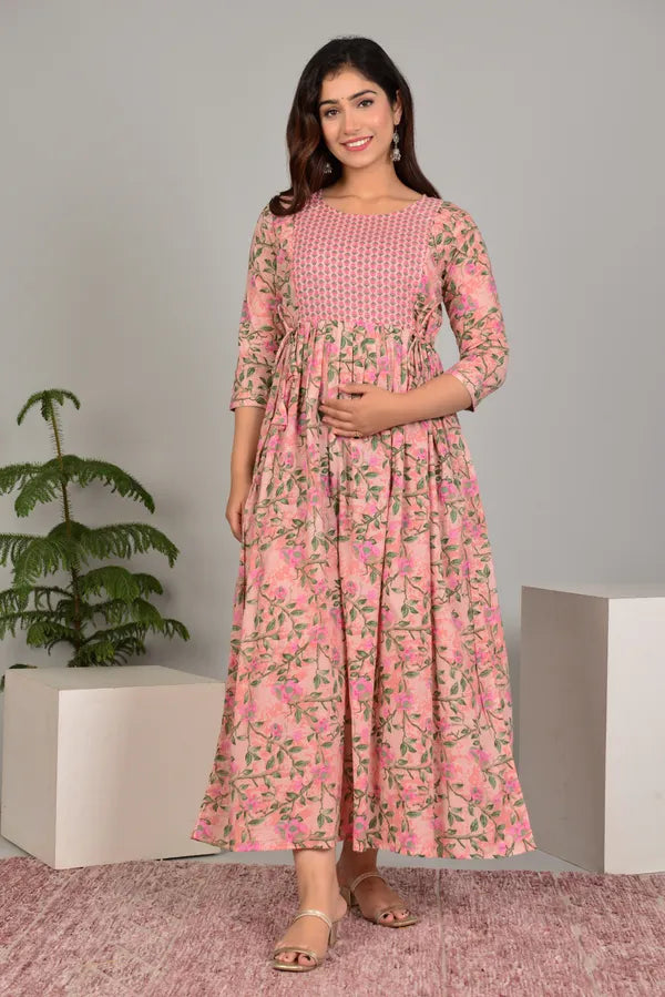 Elegant Floral Print Cotton Maternity &amp; Feeding Maxi Dress
