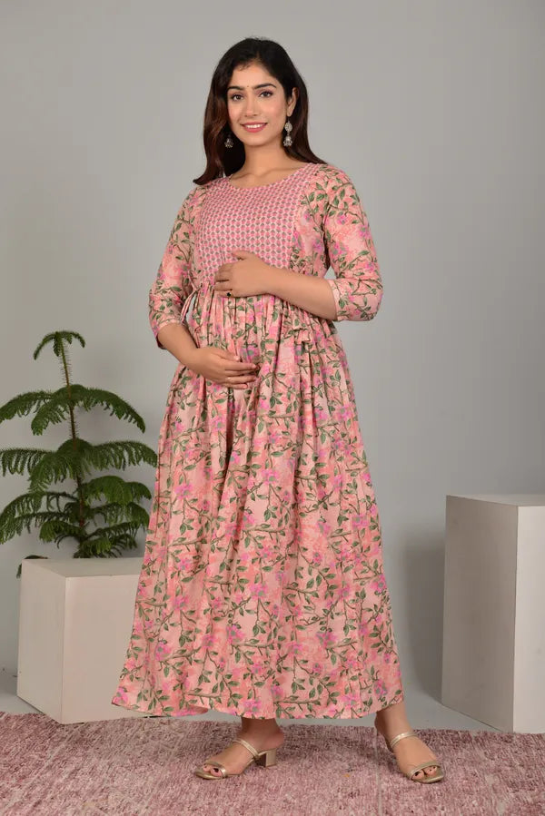 Elegant Floral Print Cotton Maternity &amp; Feeding Maxi Dress